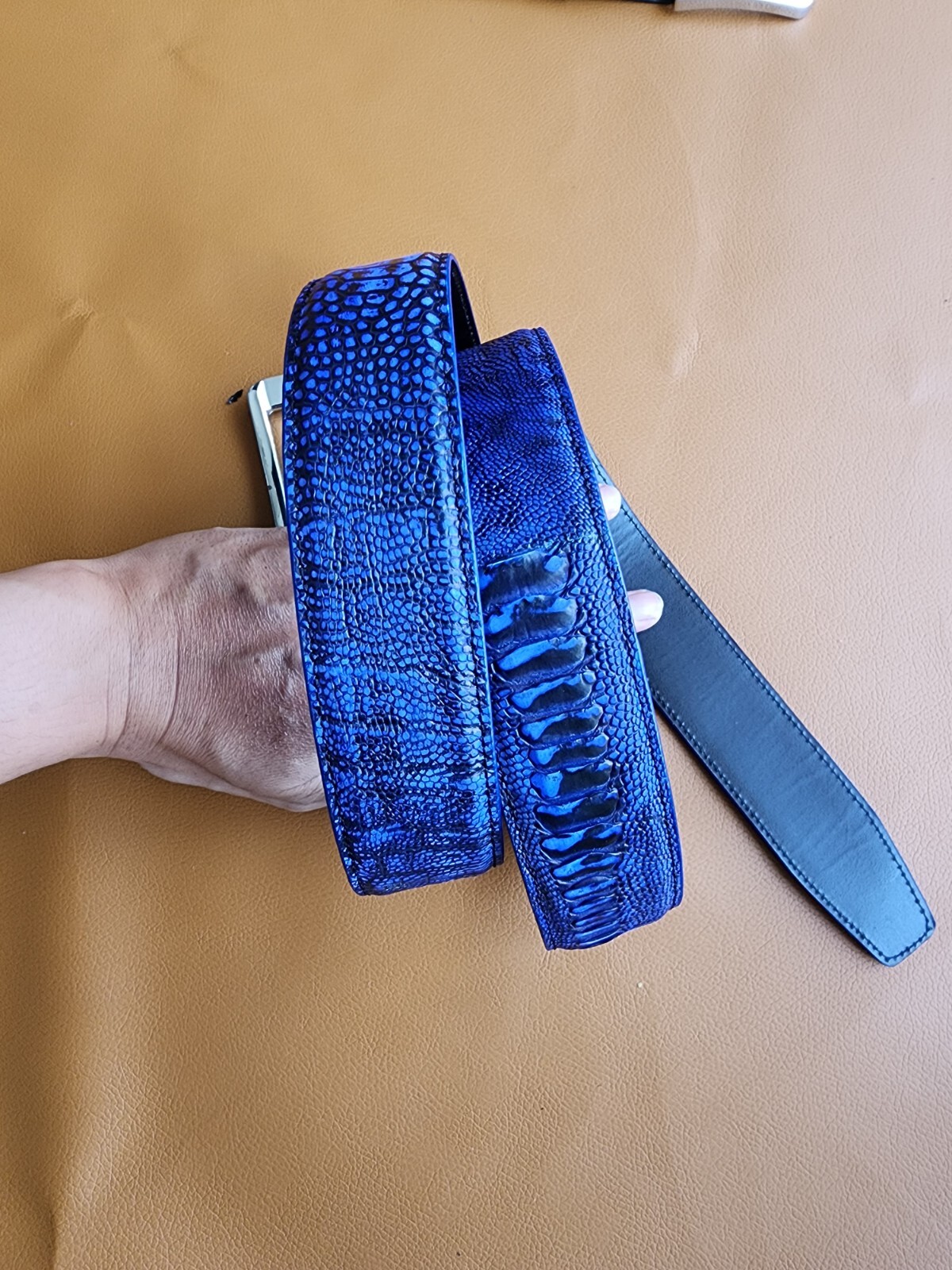 3.8CM Navy Blue 100% Genuine Nubuck Ostrich Legs Leather Skin Men Belt Buckle