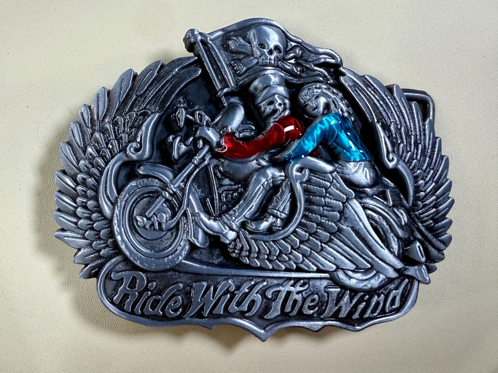 Ride With The Wind Wings Skull Flag Motorcycle Bikers Riders Cutout Belt Buckle