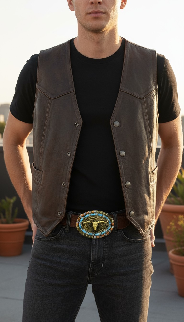 New Men Women Rusty Gold Metal Buckle Western Fashion Bull Long Horns Cow Texas
