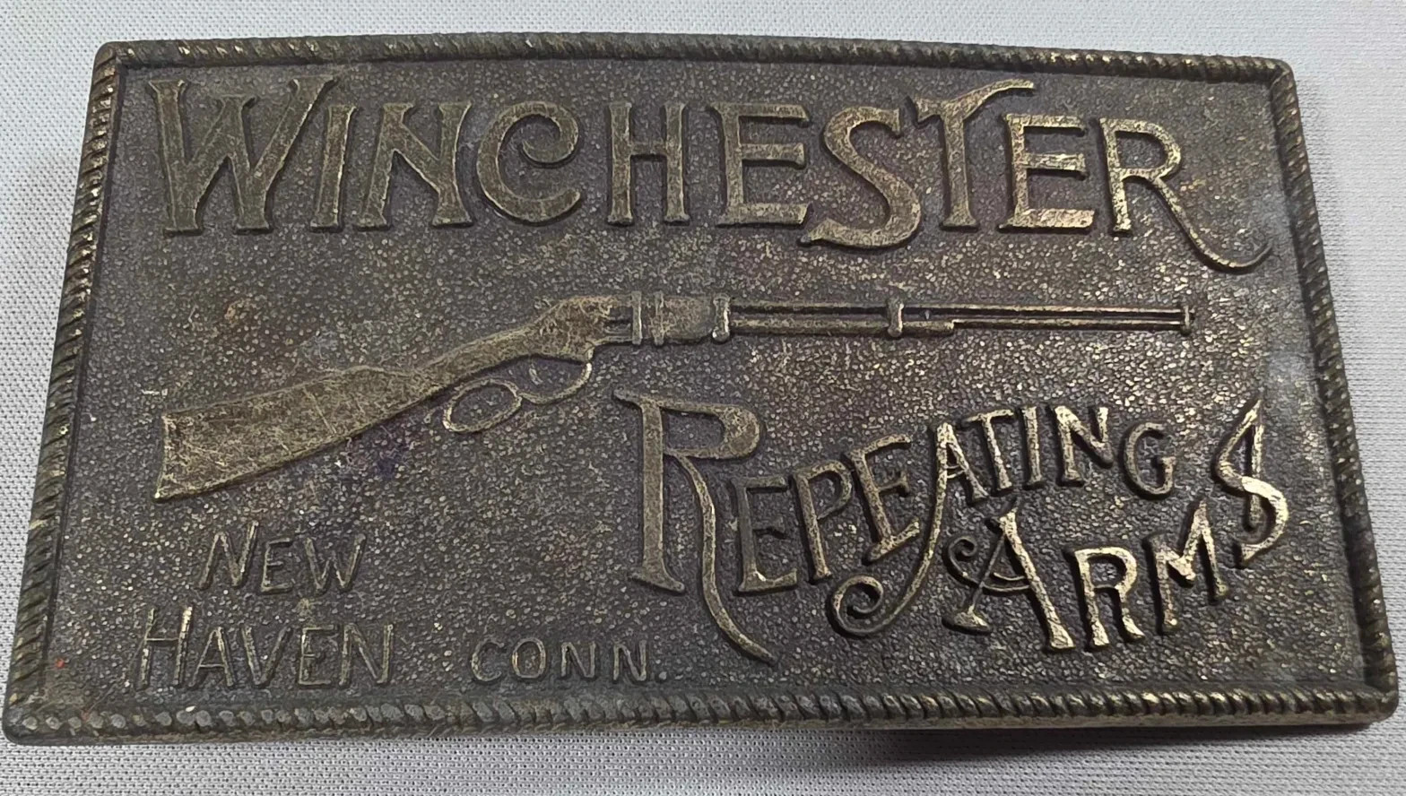 Vtg Brass Belt Buckle Winchester Repeating Arms New Haven Conn. Rifle Guns 4”
