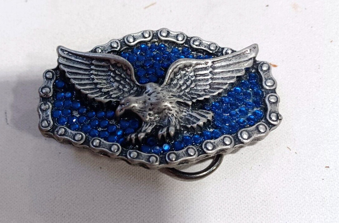 Blue Rhinestone Eagle Belt Buckle with Metal Trim 3&Prime; x 2&Prime;