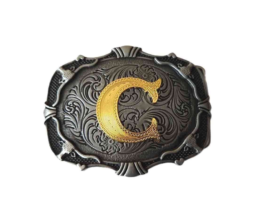 C Monogram Intial Metal Western Belt Buckle Gold Gray Fits 1.5&Prime; Men&rsquo;s