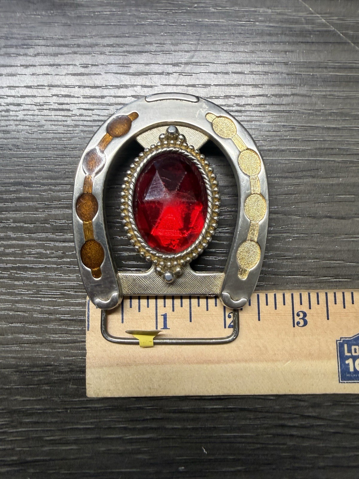 Vintage Silver Cowboy Horseshoe Belt Buckle With a Faux Ruby stone Red