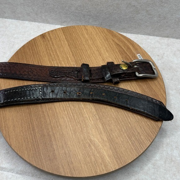 Distressed Leather Woven Embossed Belt Silver Buckle Brown Well Worn Size 50