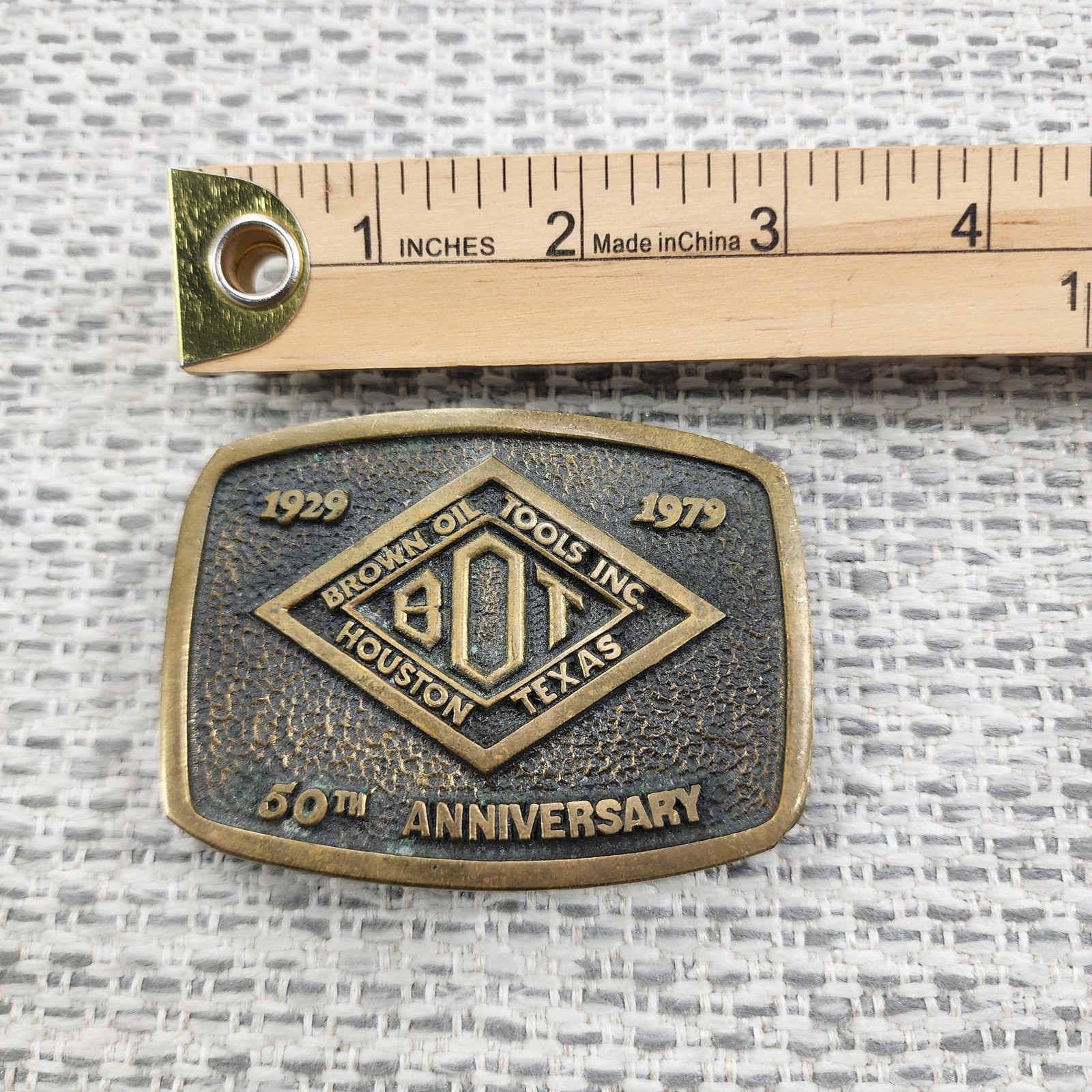 Vintage Brown Oil Tools Belt Buckle Mens Solid Brass 50th Anniversary 1979 BOT