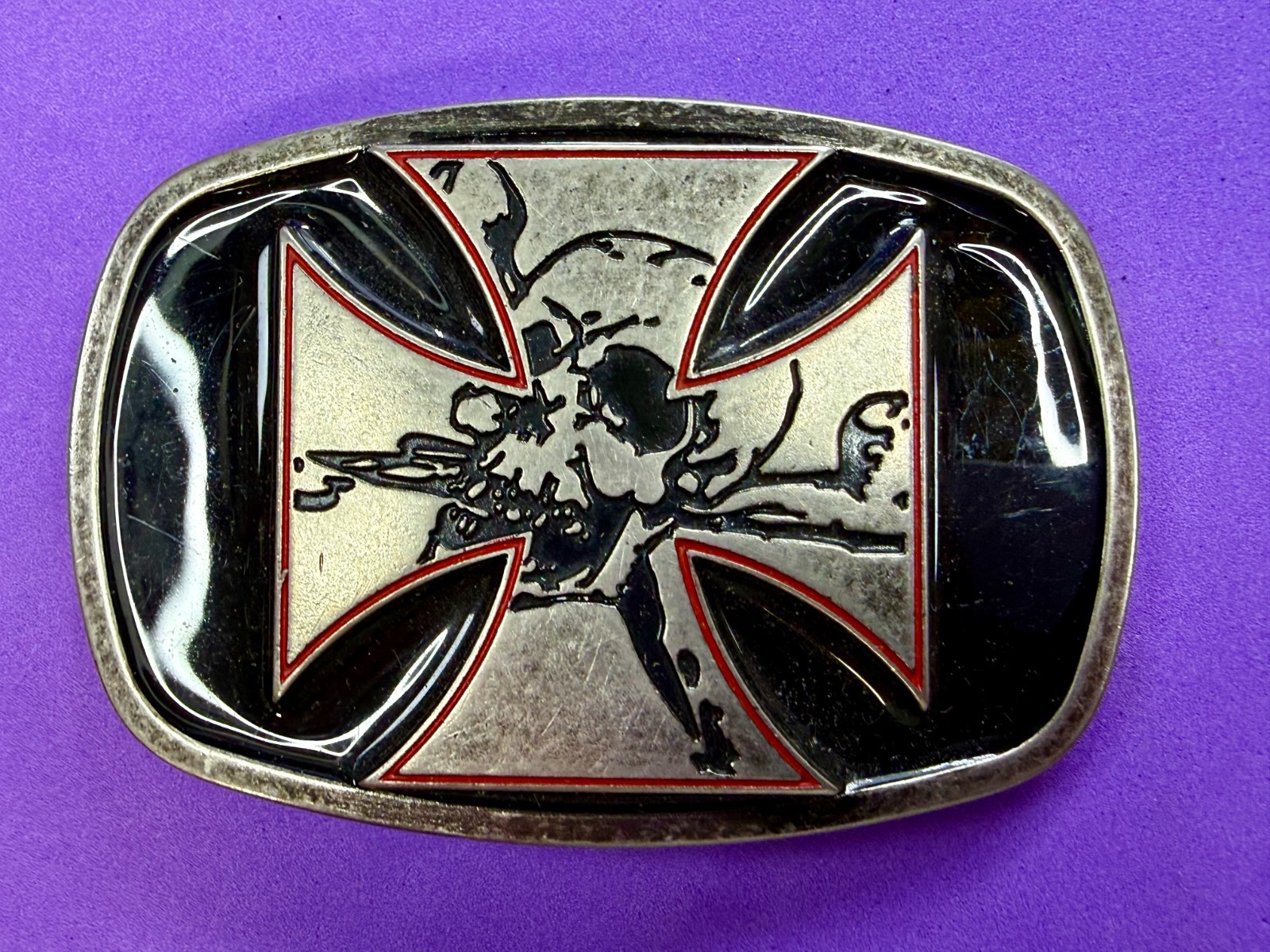 Maltese Iron Cross with Skull Cutout Black Enamel Gothic Punk Vibe Belt Buckle