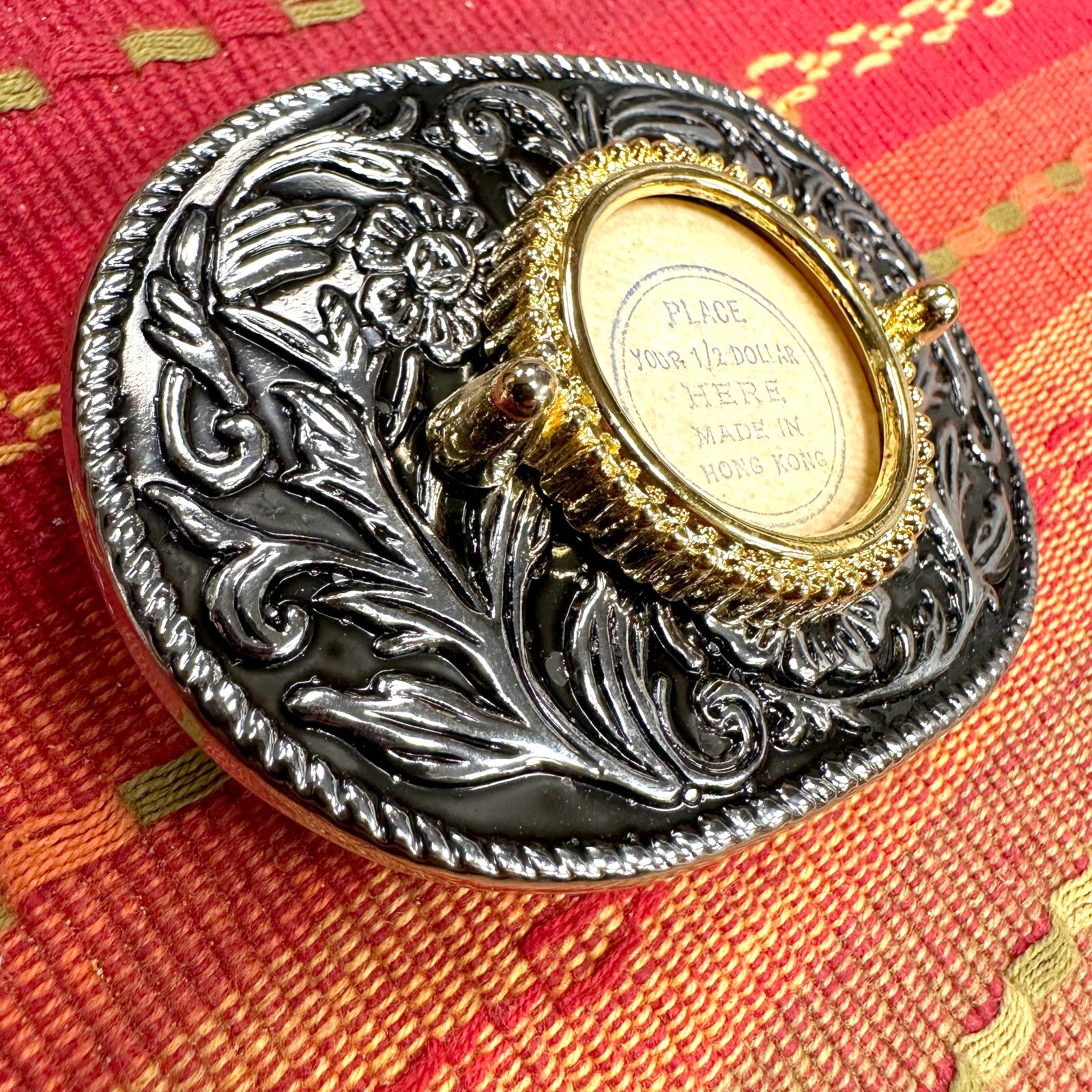 Vintage Half Dollar Coin Belt Buckle NOS DEADSTOCK 70s Silver Tone Black