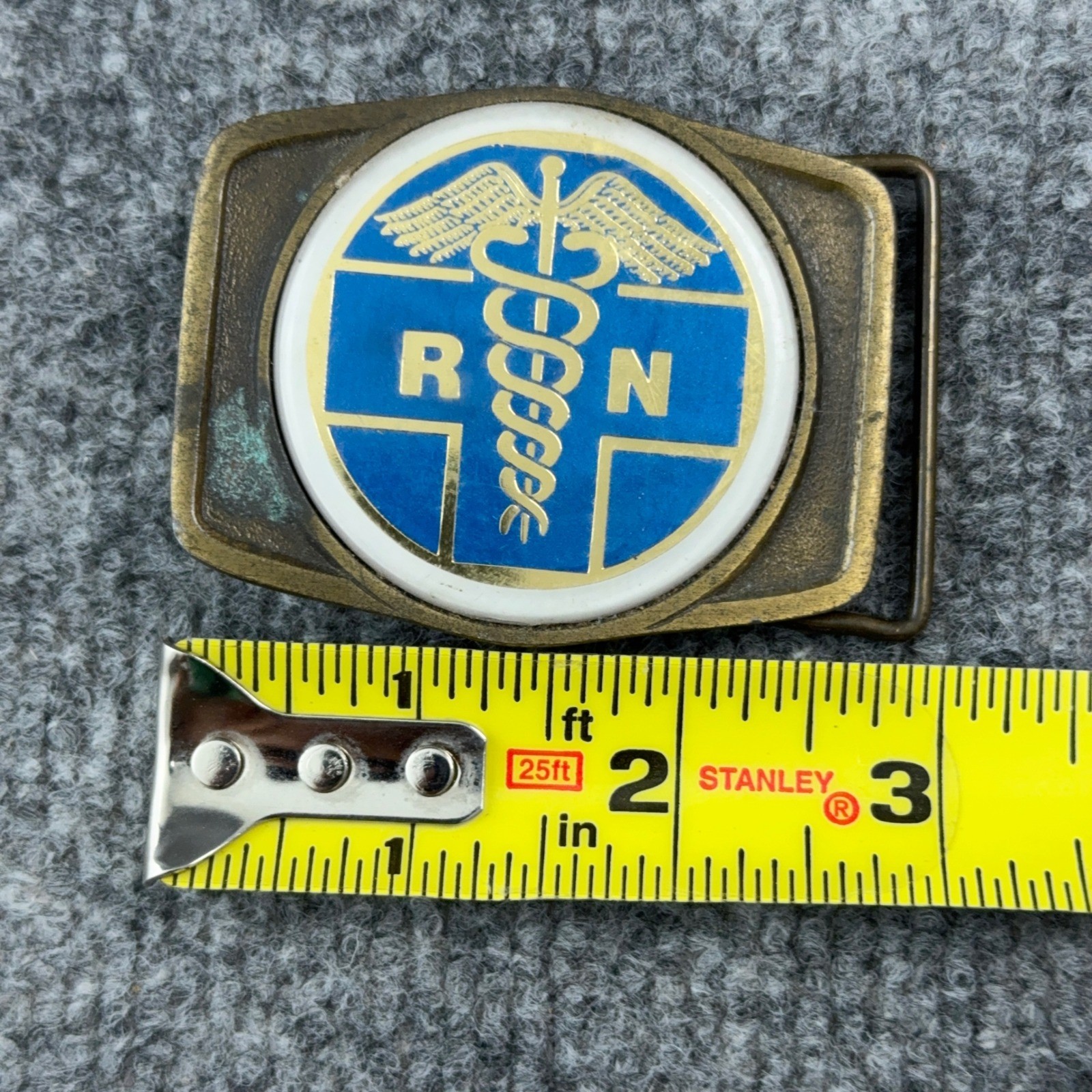 Vintage RN Registered Nurse Belt Buckle Brass Enamel Caduceus Medical Gift 2×3