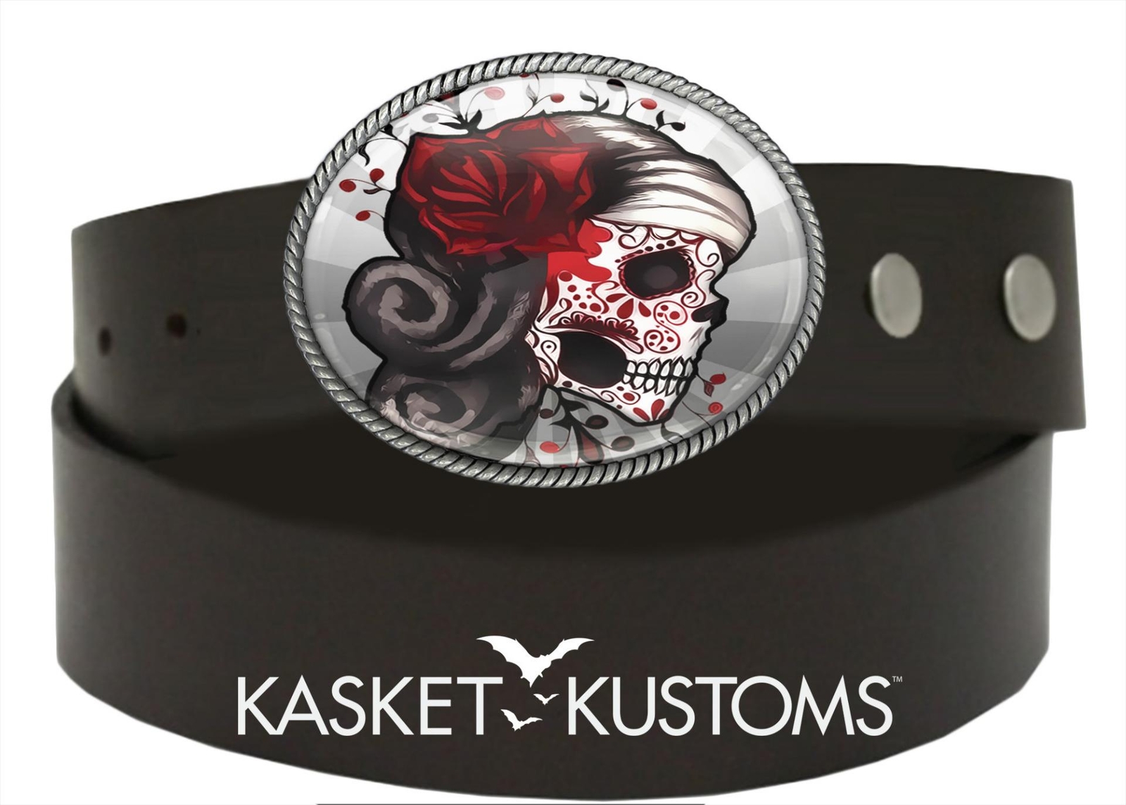 Sugar Skull Tattoo Belt Buckle – Day of the Dead Silver Oval Buckle – 73-2-SO