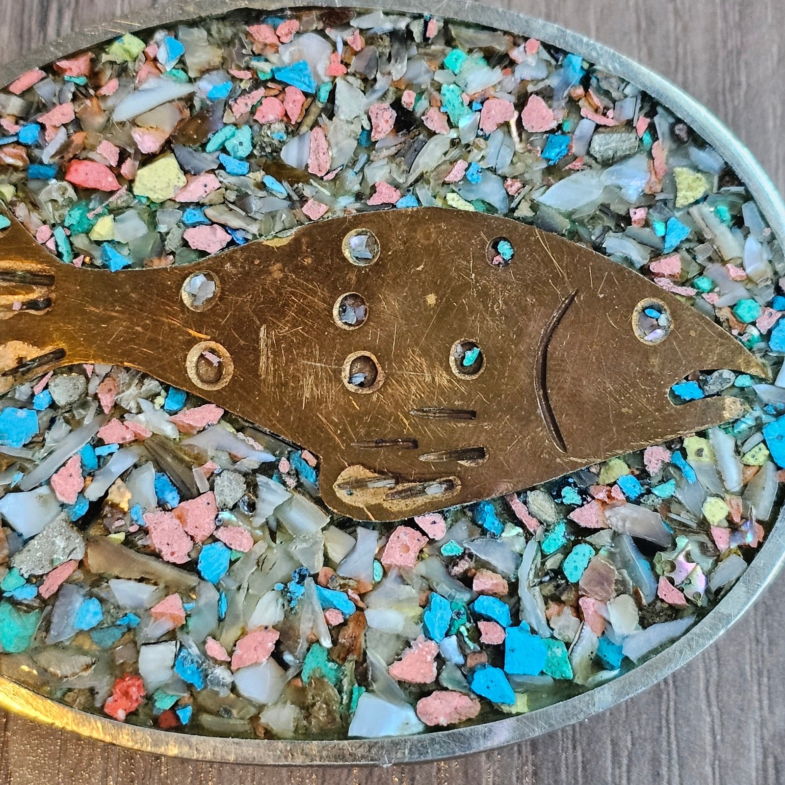 Vintage Alpaca Silver Fish Belt Buckle with Crushed Stone Inlay