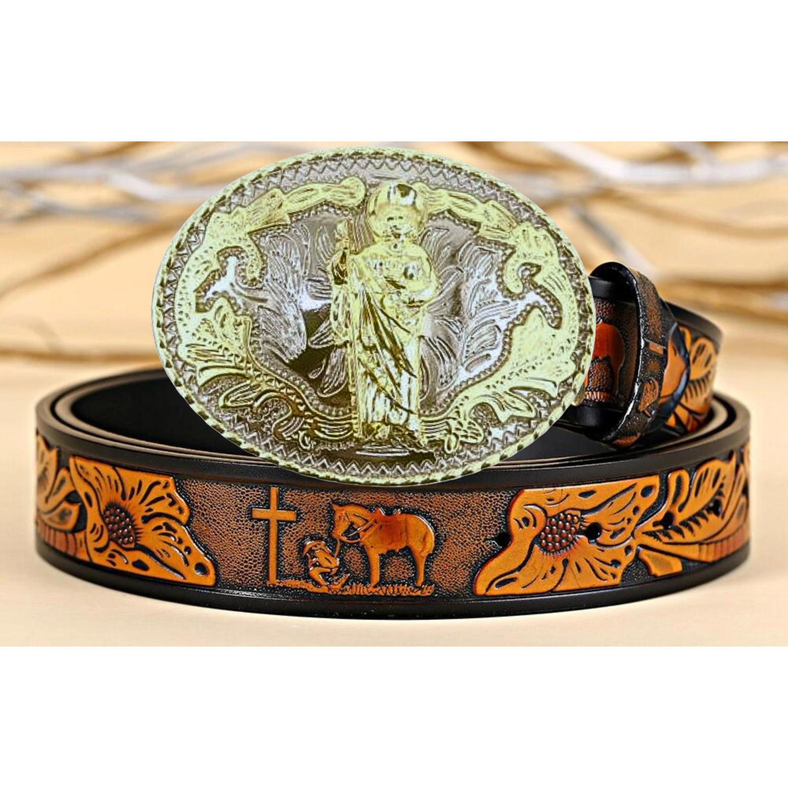 Saint Jude Western Rodeo Gold Tone Shine Design Fashion Cowboy Belt Buckle