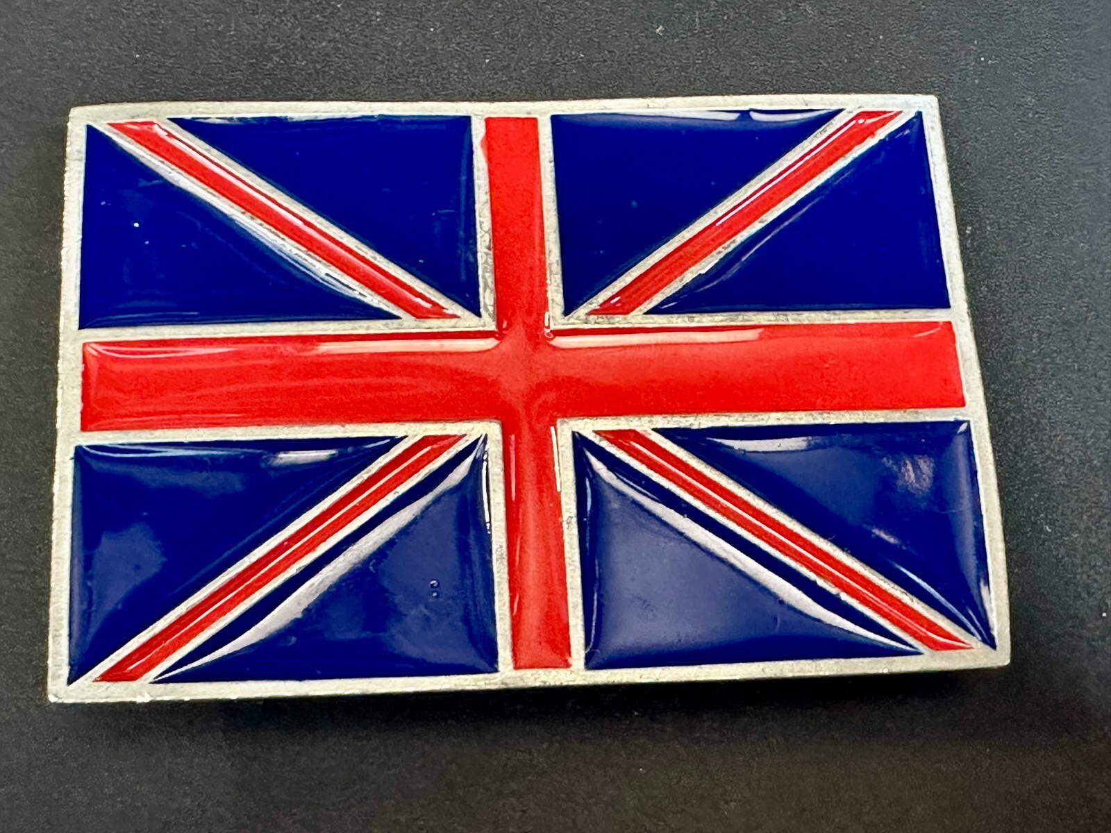 British UK Flag Union Jack Blue & Red Enameled Silver Tone MOBTOWN Belt Buckle