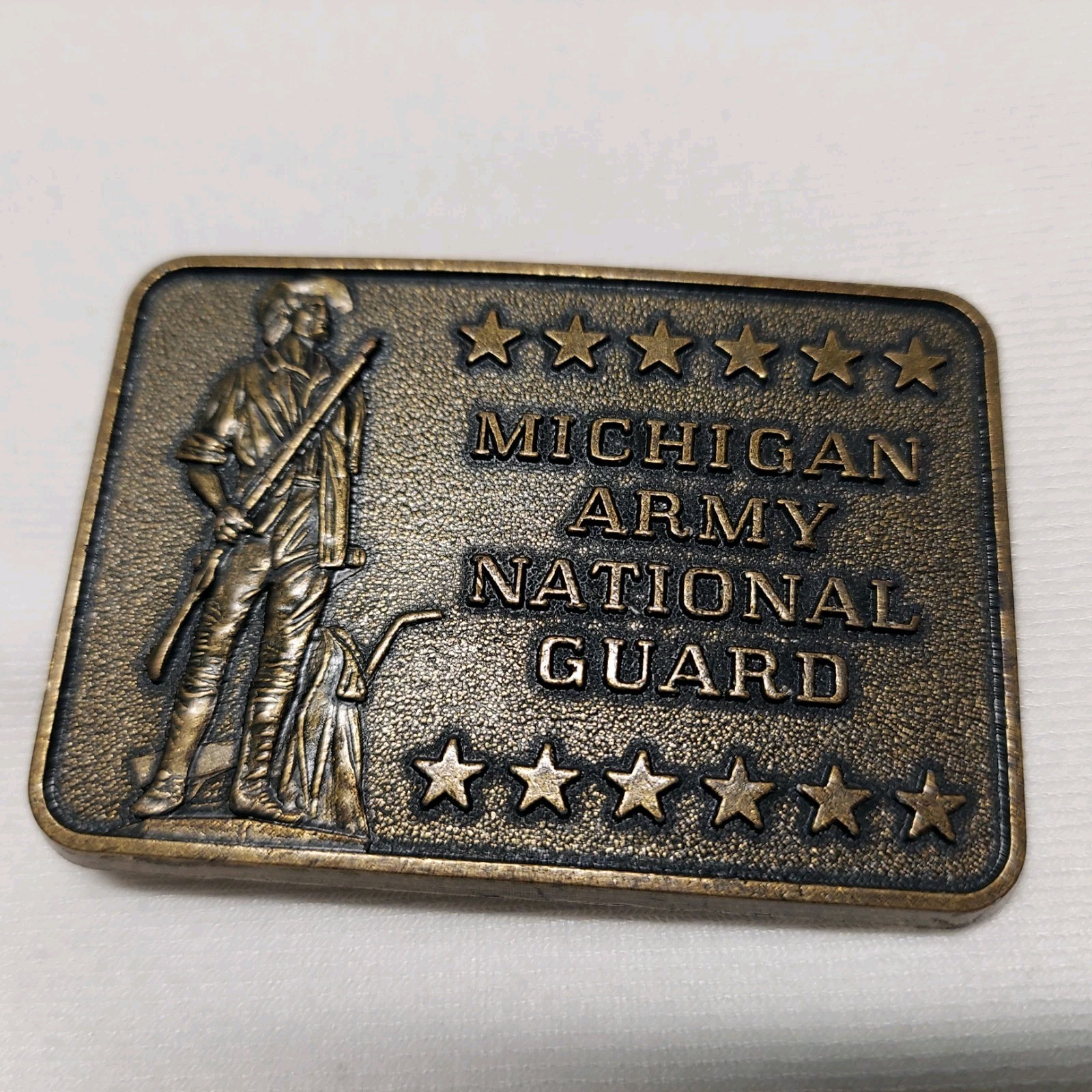 MICHIGAN ARMY NATIONAL GUARD Belt Buckle Framed With Stars Brass 2&Prime;X3&Prime;