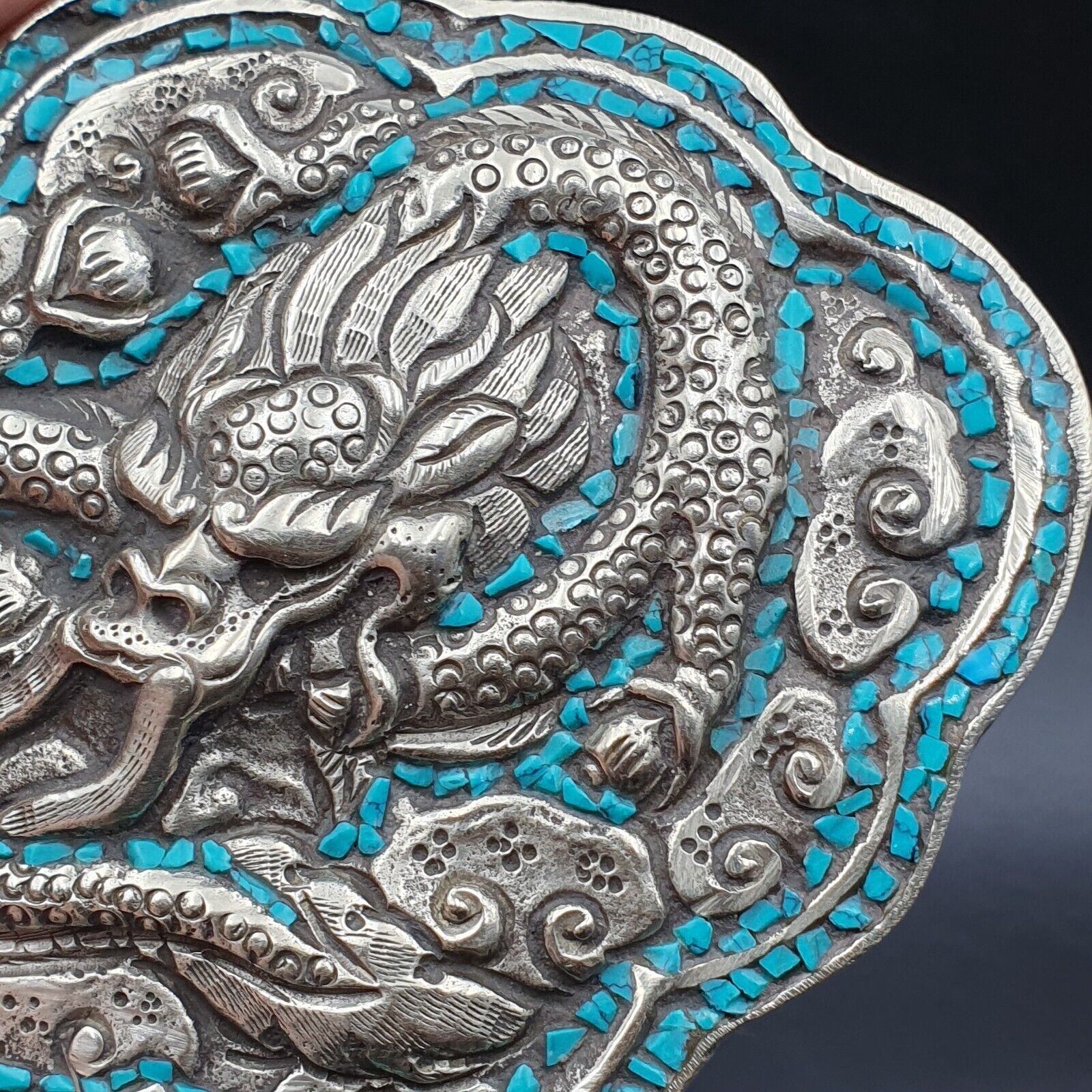 AA BIG MEN&rsquo;S VINTAGE Natural Turquoise Metal Silver Gild Engrave Dragon Belt