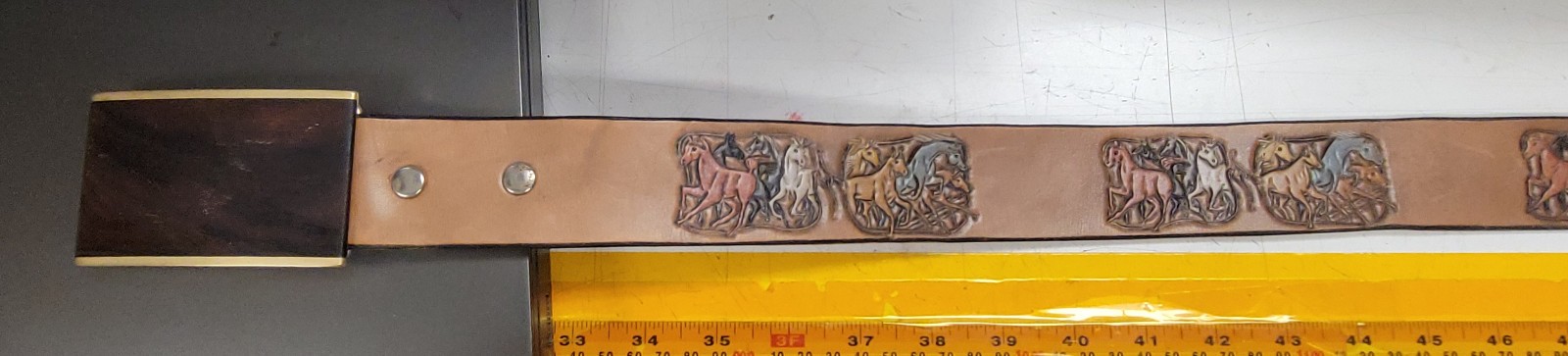 Sky West Brass Wood Inlay Buckle n Stamped Leather Belt