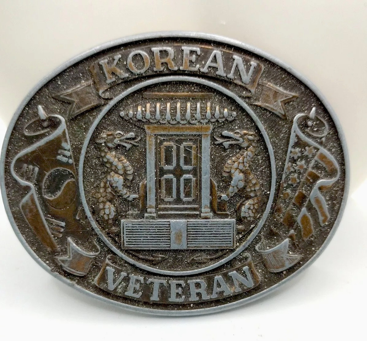 VTG Korean War Veteran Belt Buckle Dragons Flags USA Patriotic Cold War Temple