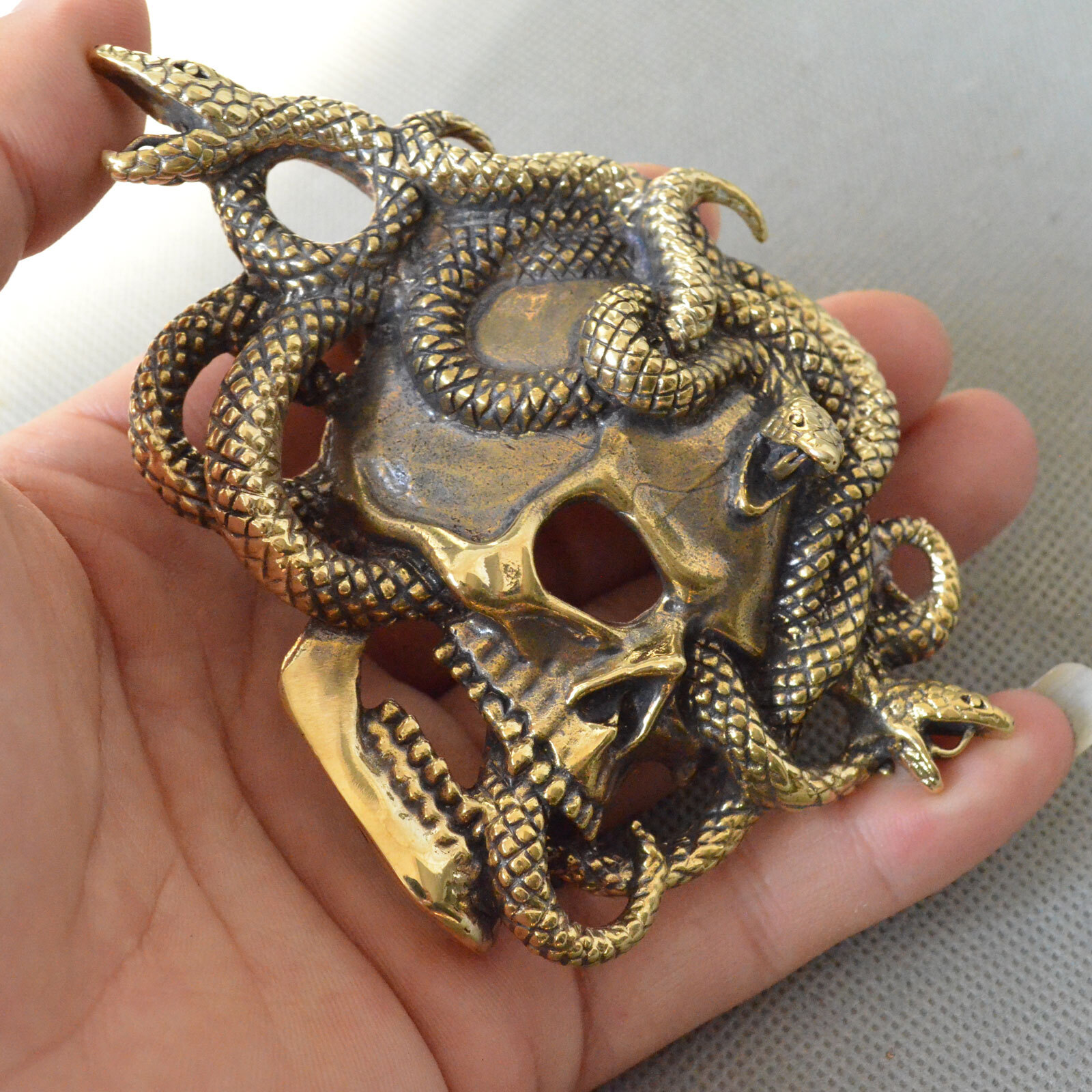Casting Solid Brass Skull Snake Belt Buckle,Punk Skull Unique Men&rsquo;s Buckle, gift