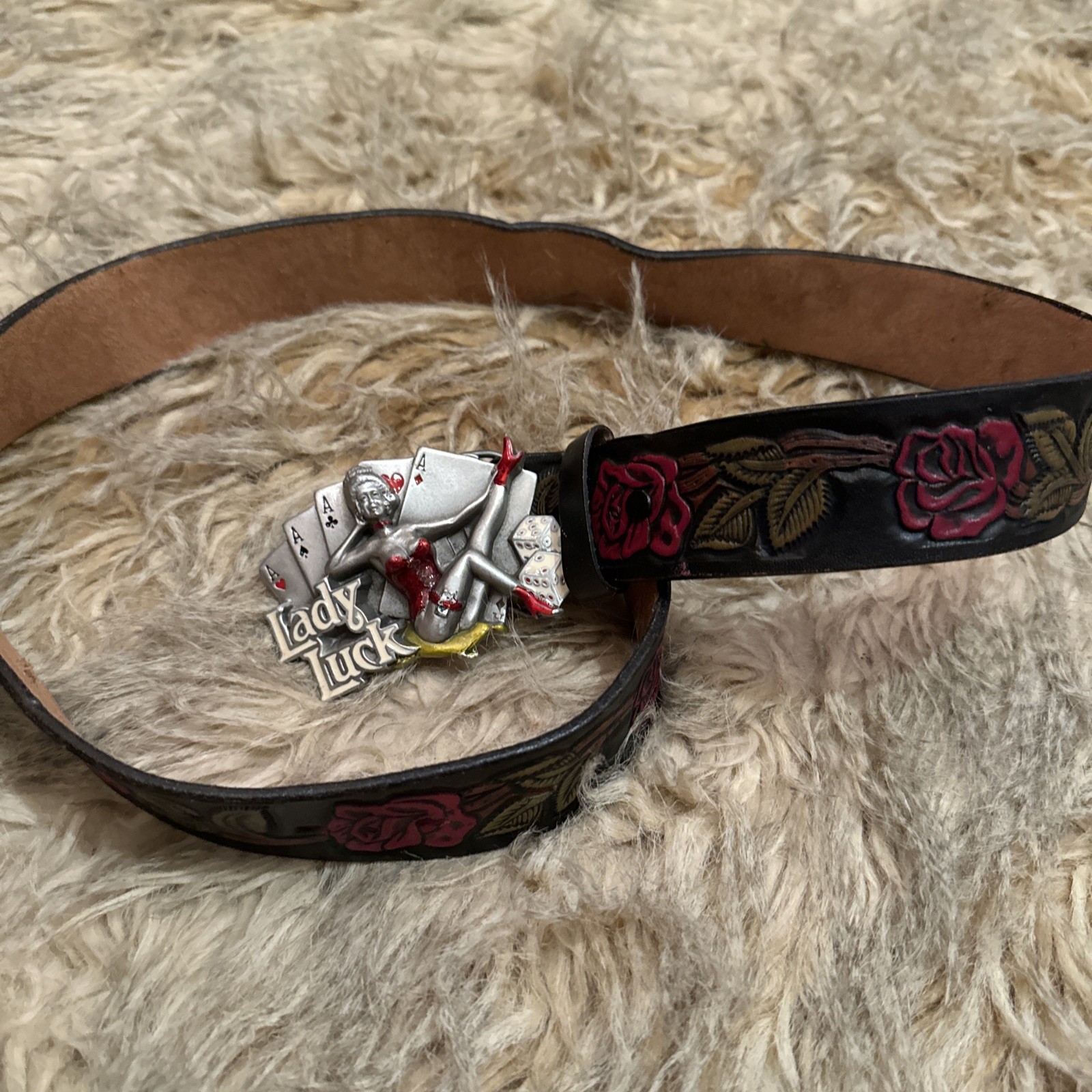 Vintage – Lady Luck – Belt Buckle – Dragon Designs – 1991 W/ Roses Blqck Belt