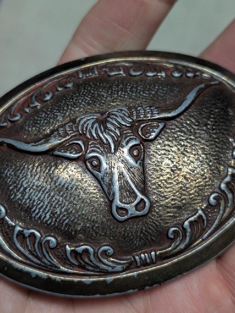 vintage 1970s belt buckle BRASS copper STEER bull texas WESTERN cowboy rodeo