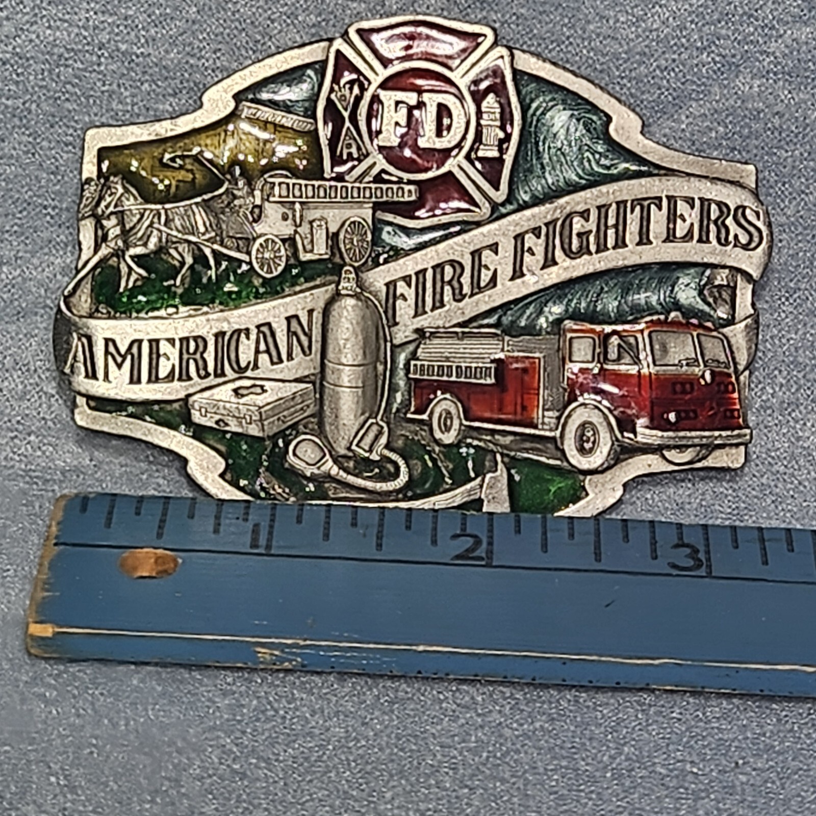 American Firefighters Belt Buckle Firetruck Horse Enameled Siskiyou 1988 Pewter