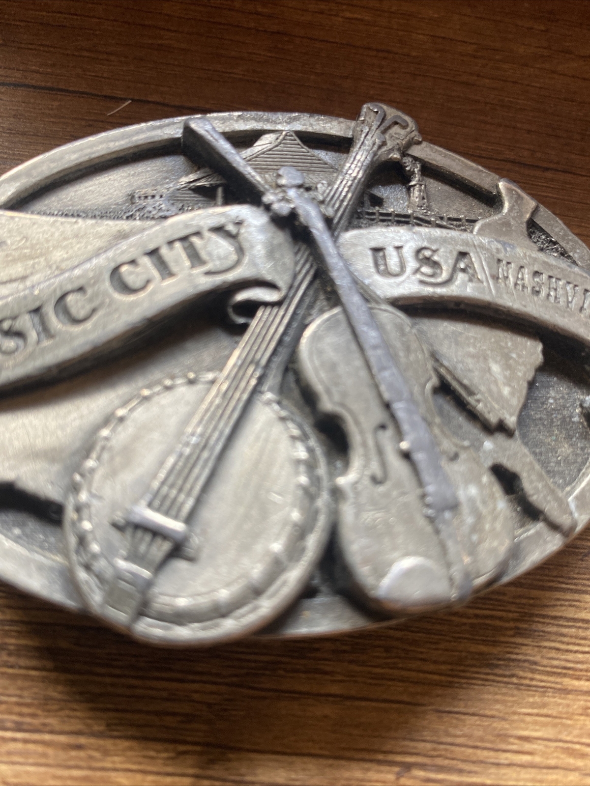 Vintage NASHVILLE MUSIC CITY USA metal Belt Buckle Pewter Banjo Fiddle Country