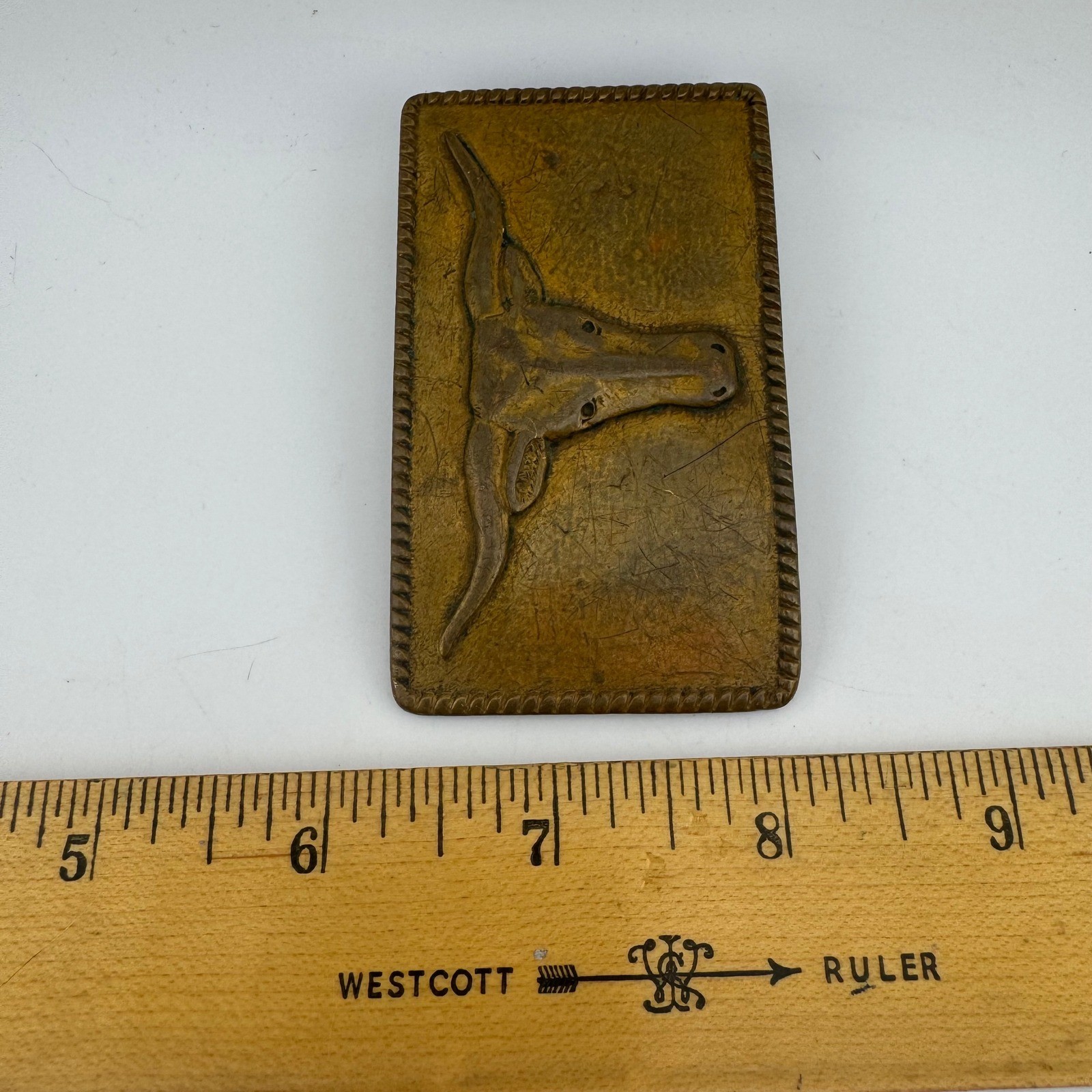 Vintage Megan Belt Buckle Brass/Gold Tone Western Longhorn Steer Rope Edge