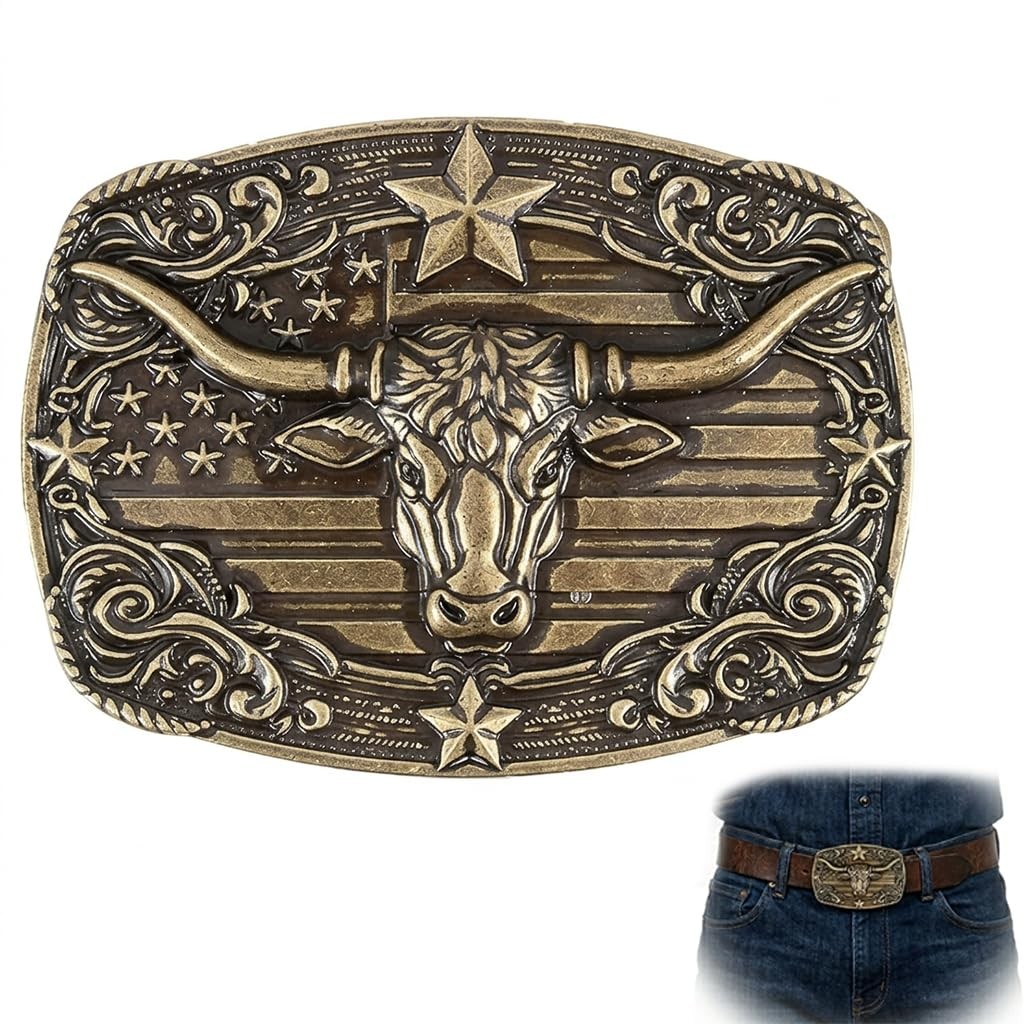 Uelkr Western Cowboy Belt Buckle for Men, Cowgirl Longhorn One Size, Brown