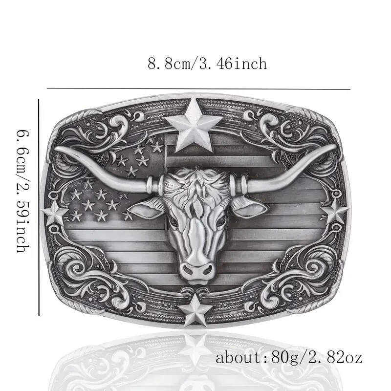 American Flag Bull Western Cowboy, Cowgirl Belt Buckle Antique Silver Tone