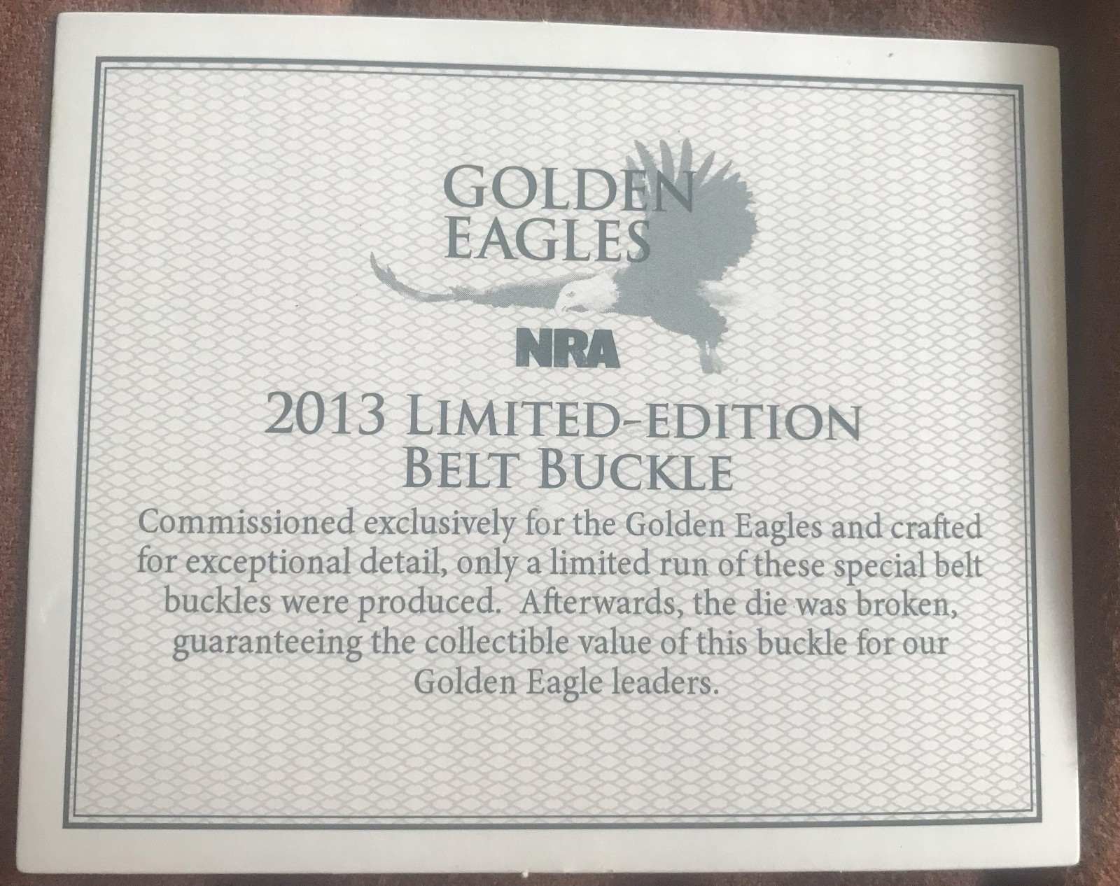 *** NRA Golden Eagles 2013 Limited Edition Belt Buckle – in Box with Certificate