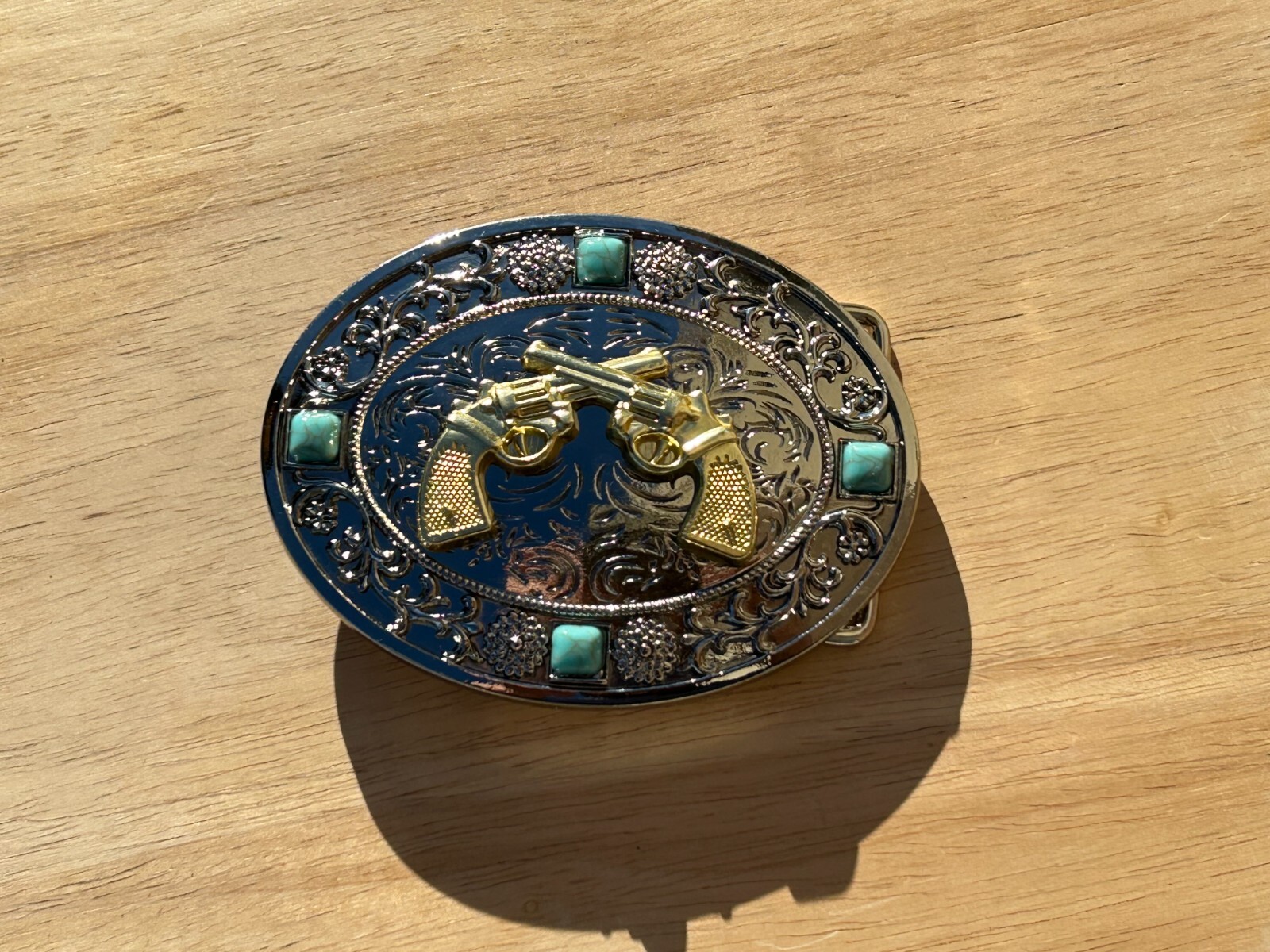 Western Guns Buckle Men Unisex Turquoise Silver Chrome Oval Engraved Fit 2 »