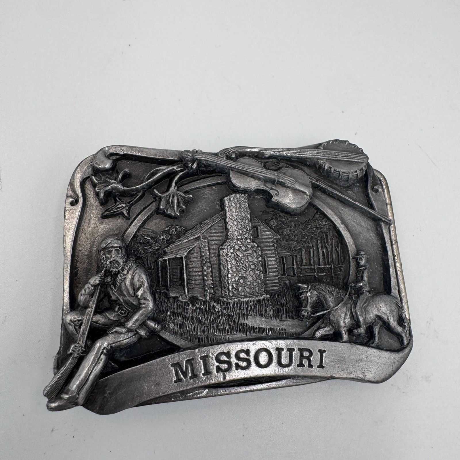 Vintage Missouri State Belt Buckle Pioneer Log Cabin Fiddle Banjo Pewter Tone