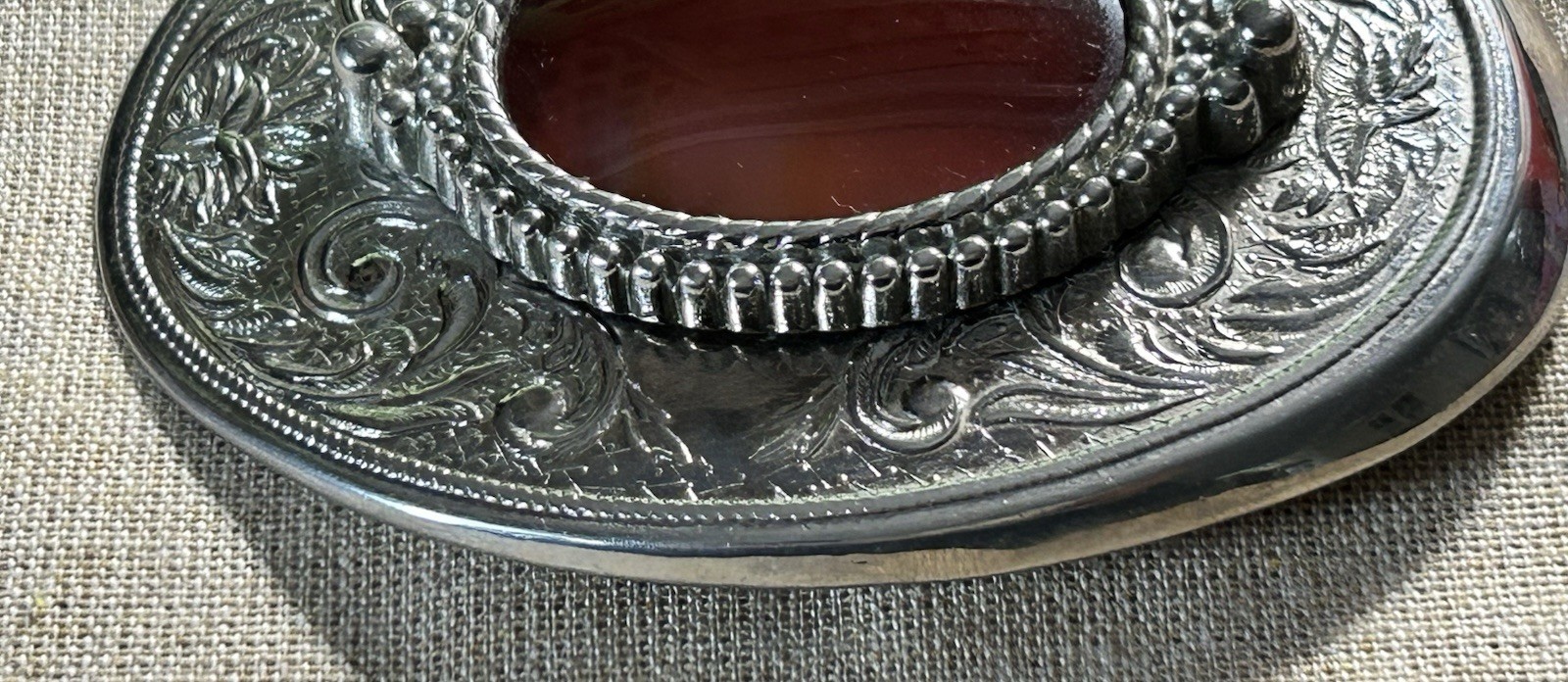 Vintage Style Western Silver Tone Belt Buckle Red Cabochon Stone Engraved Oval