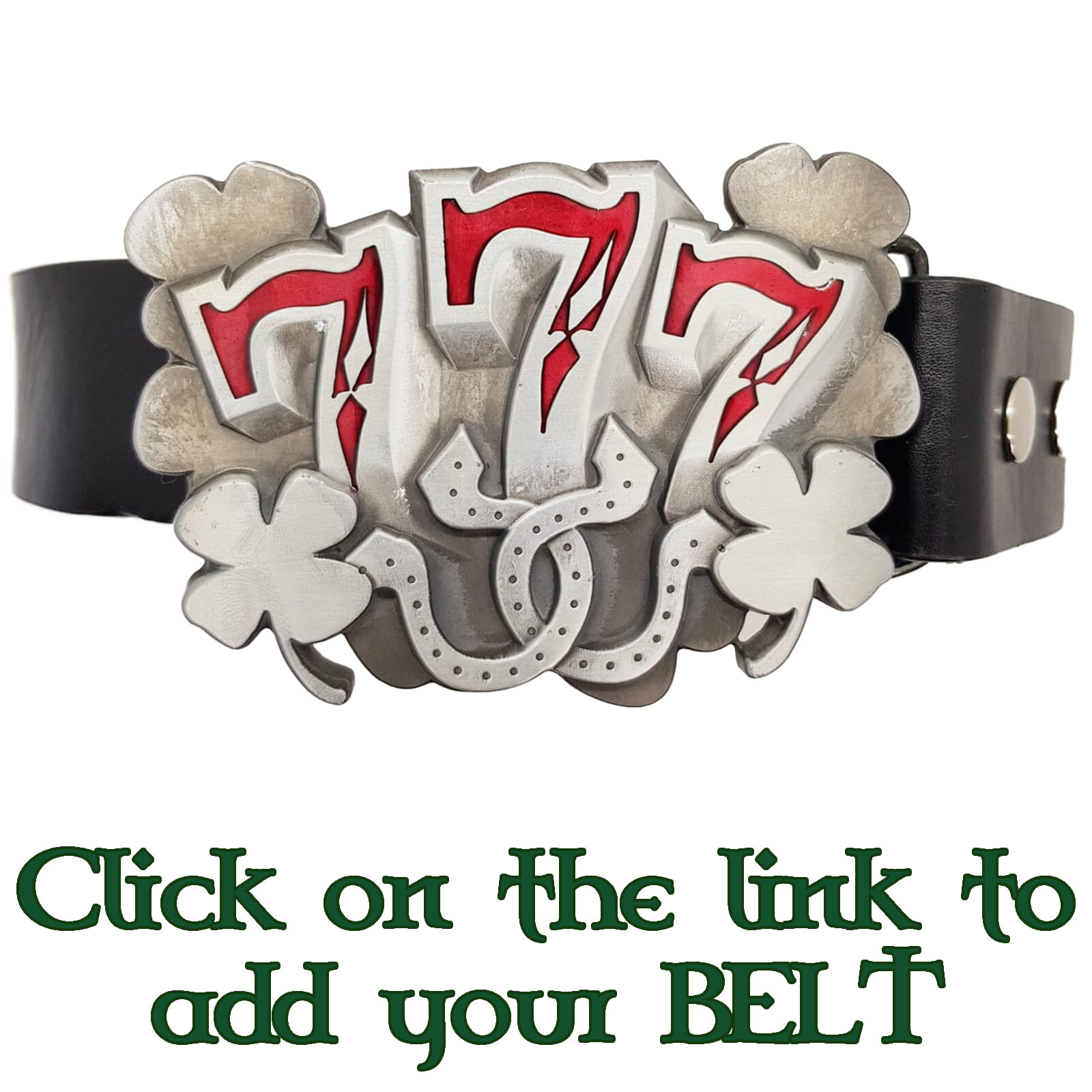 Lucky 7 Shamrock Belt Buckle 777 triple 7 horseshoe One Arm Bandit poker gambler