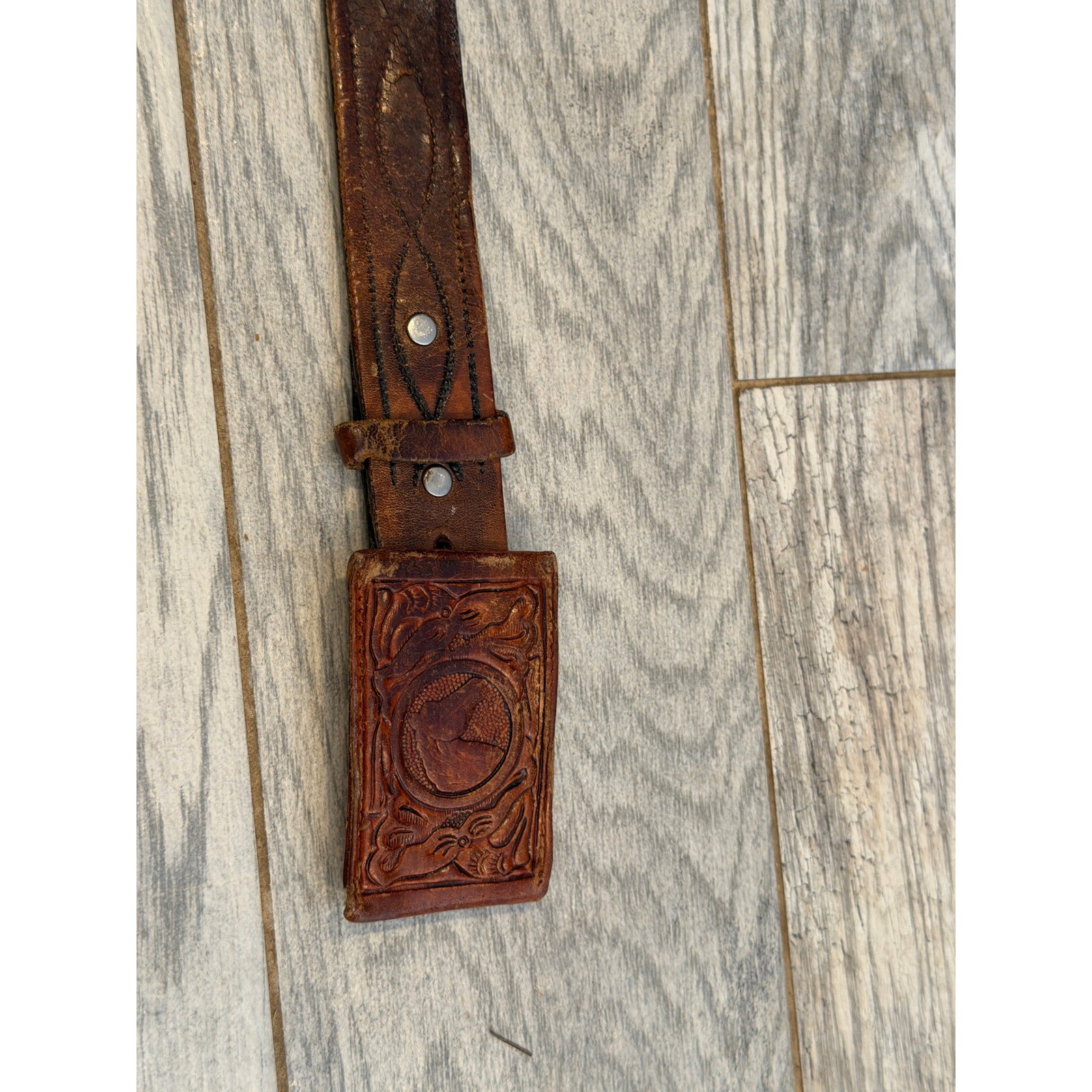 Tooled Leather Belt 32 Brown Stash Locket Buckle Western Hidden Pocket