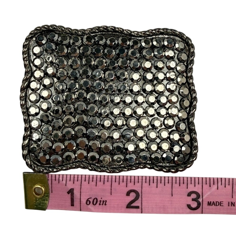 Rhinestone Bling Belt Buckle Rectangle Silver Pewter Tone Western Y2K