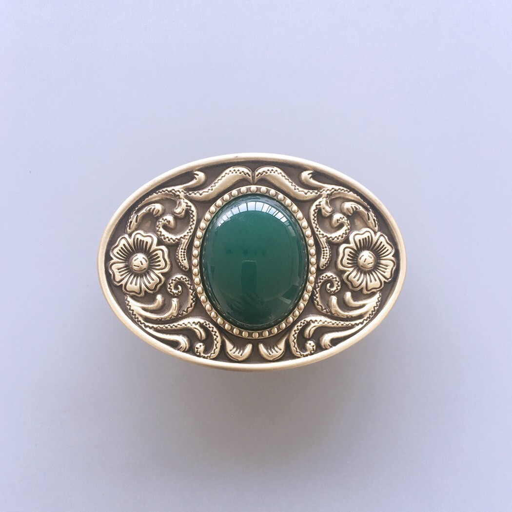 New Western Flower Stone Oval Solid Brass Belt Buckle
