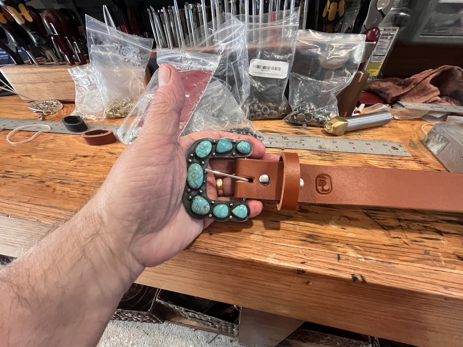 Rare “ Ranger B “ Buckle Including Hand Made Cowhide Belt, By Bonfe Leather