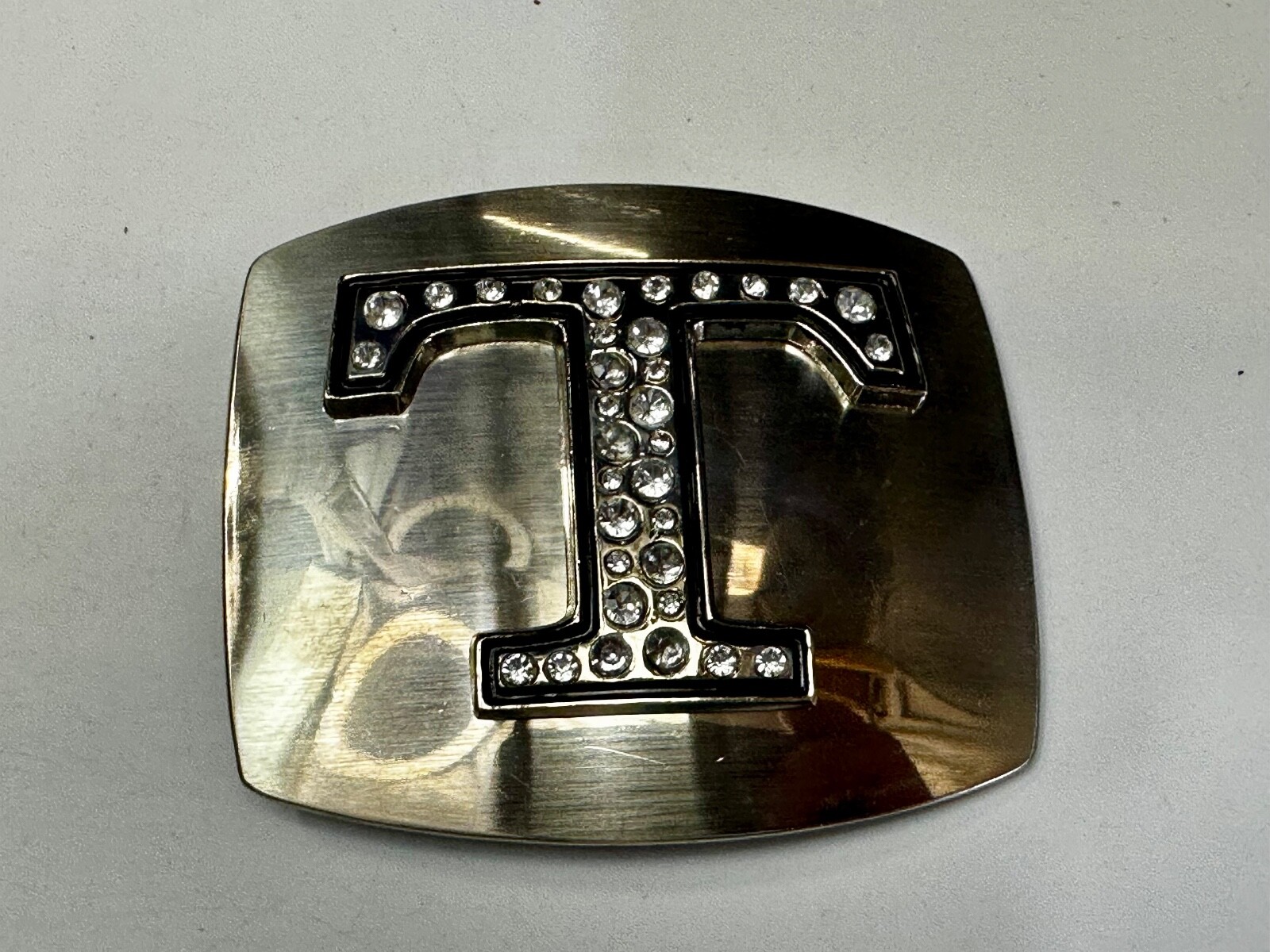 Letter Initial T – Silver color Vintage Belt Buckle – Missing Rhinestone?