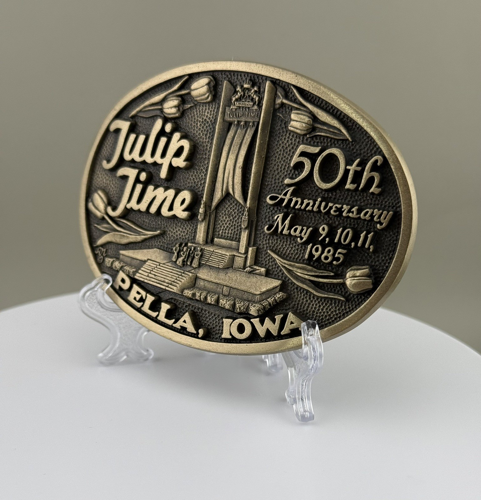 Tulip Time 1985 Iowa 50th Anniversary Solid Brass Belt Buckle Limited Edition