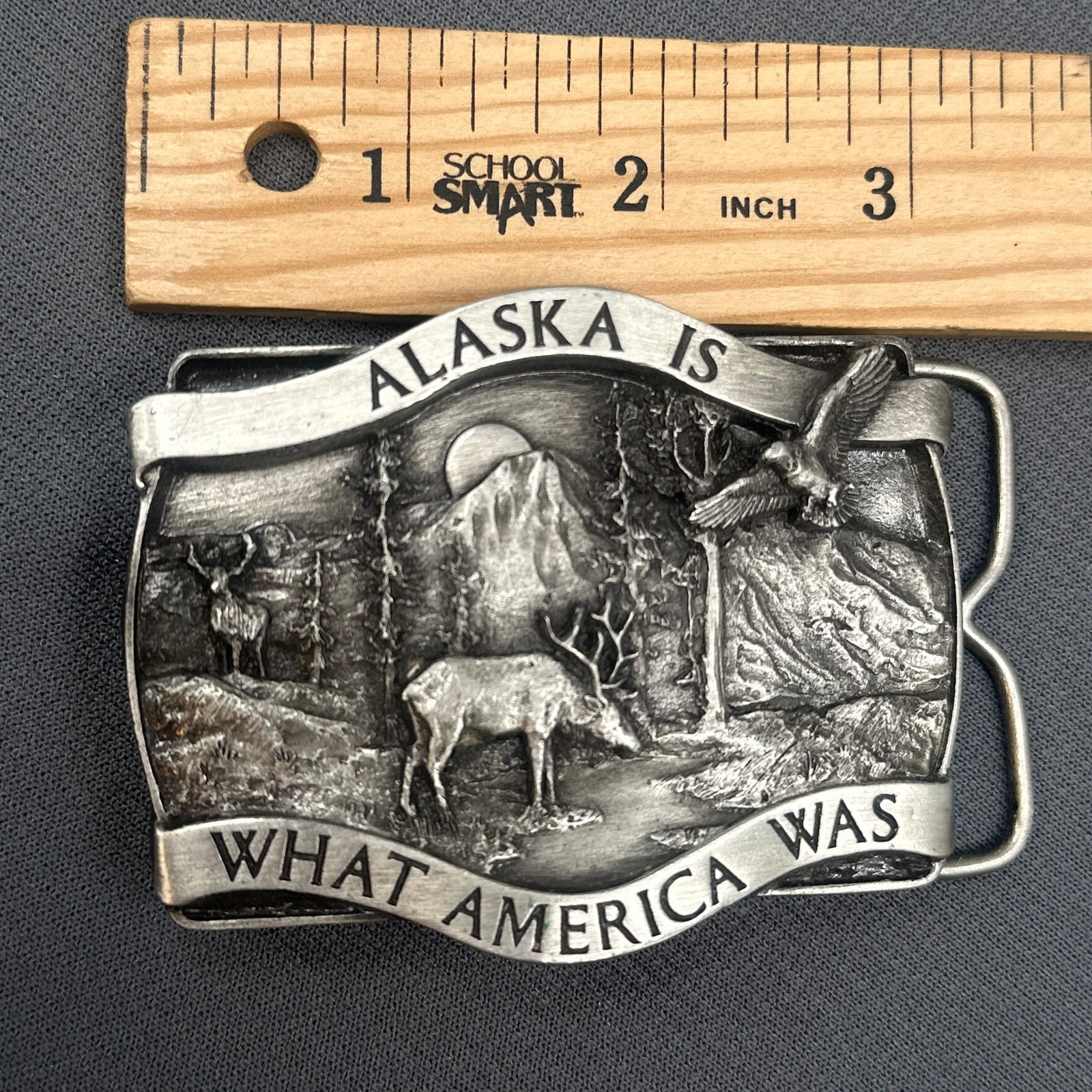 VTG 1981 Alaska Belt Buckle Wildlife Deer Eagle Mountain Western Bergamot Brass