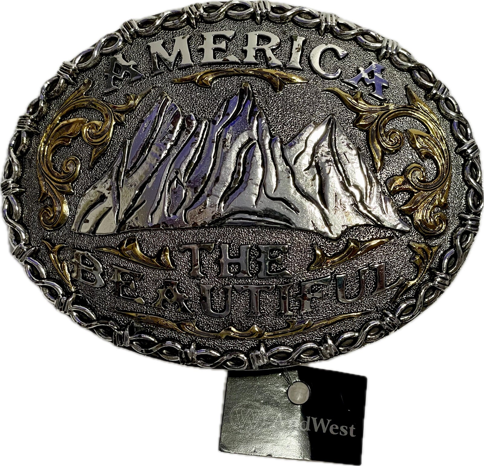 AndWest Western Style Belt Buckle America the Beautiful Design Silver & Gold NEW