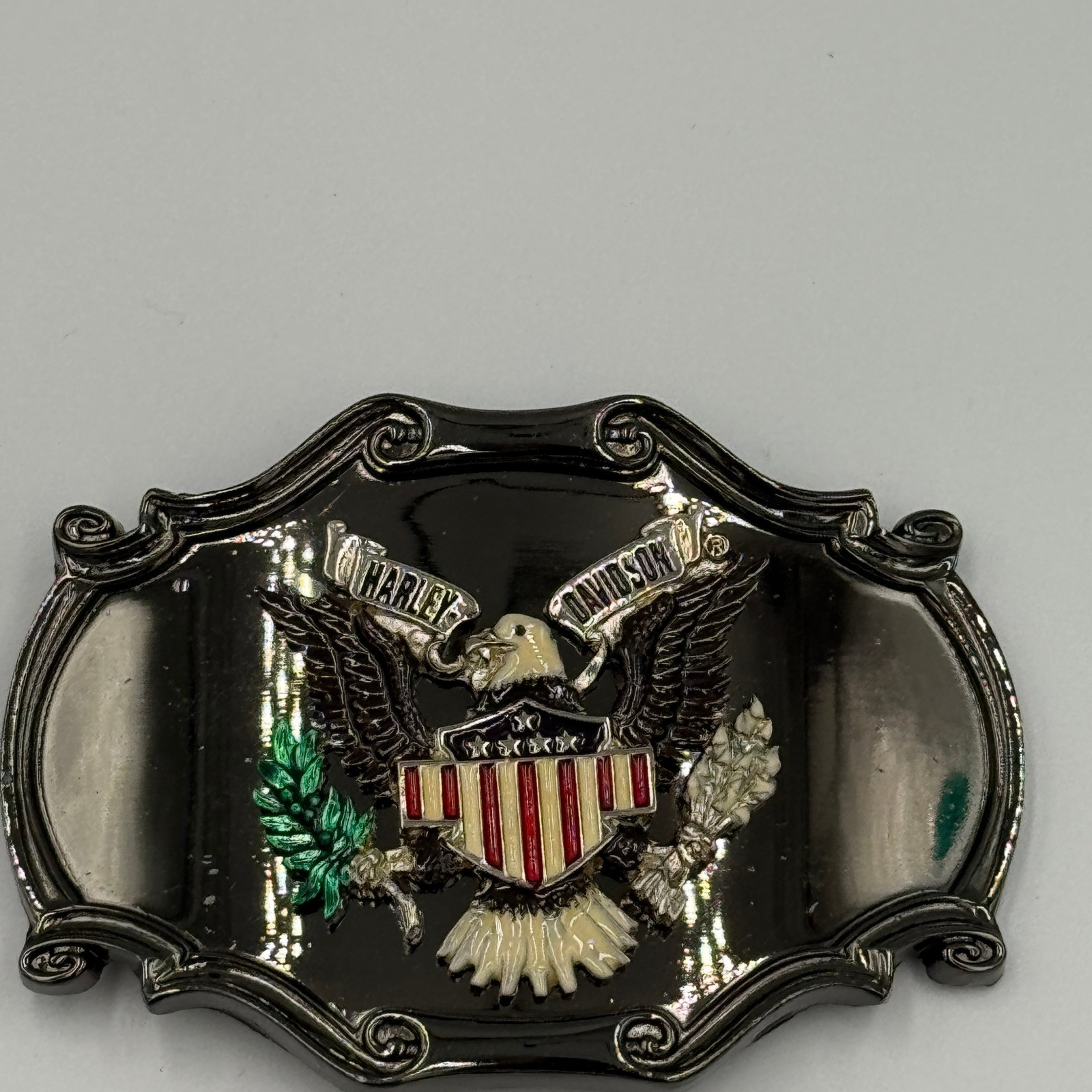 Vintage 1978 Raintree Harley Davidson Eagle Belt Buckle Black Enamel Americana