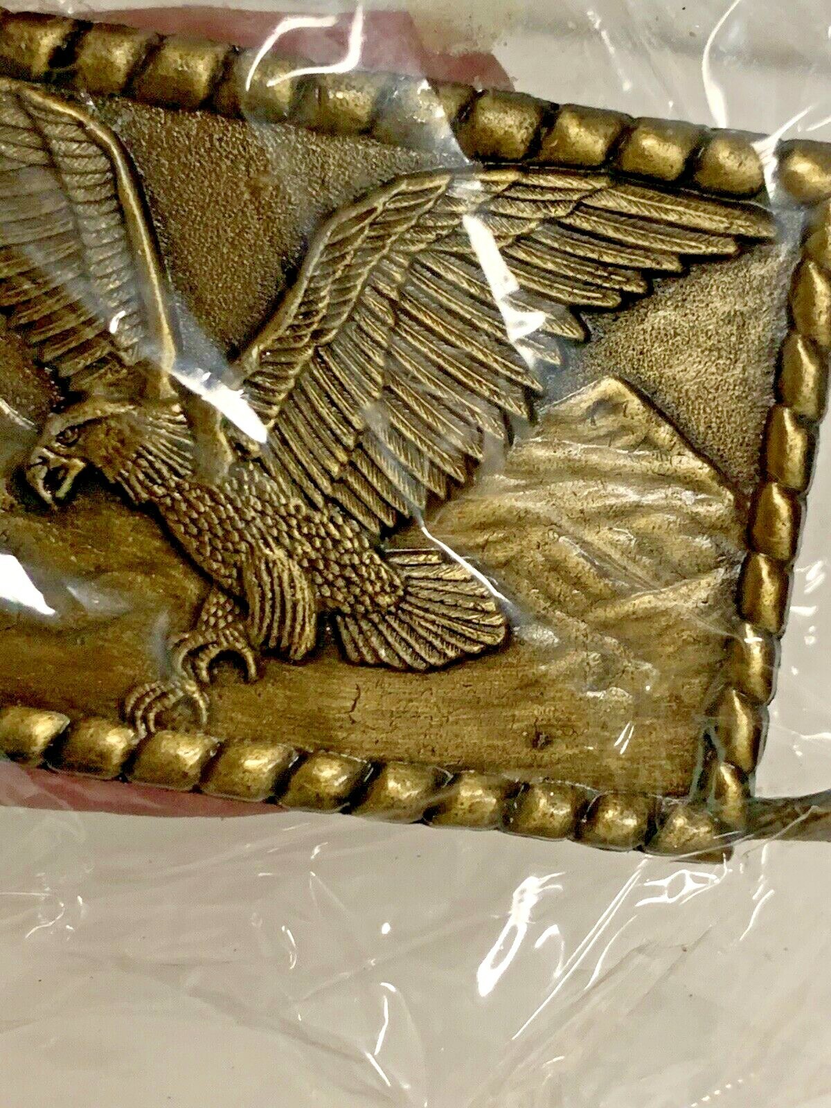 NEW! BRASS BELT BUCKLE SOARING BALD EAGLE RECTANGULAR 3×2 National Bird NOS