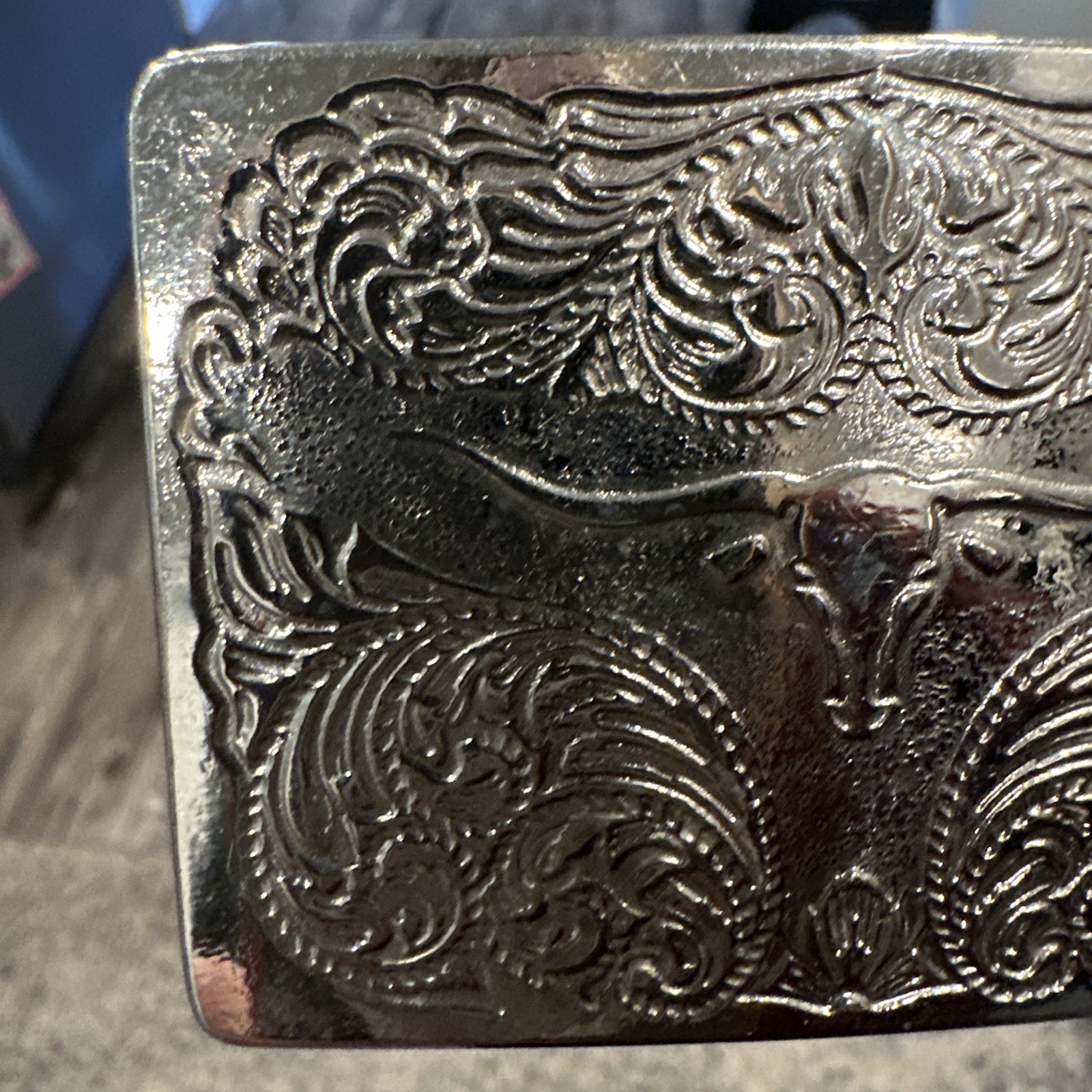 VTG Designer Western Cowboy Belt Buckle Unisex Silver Tone Rectangular Steer