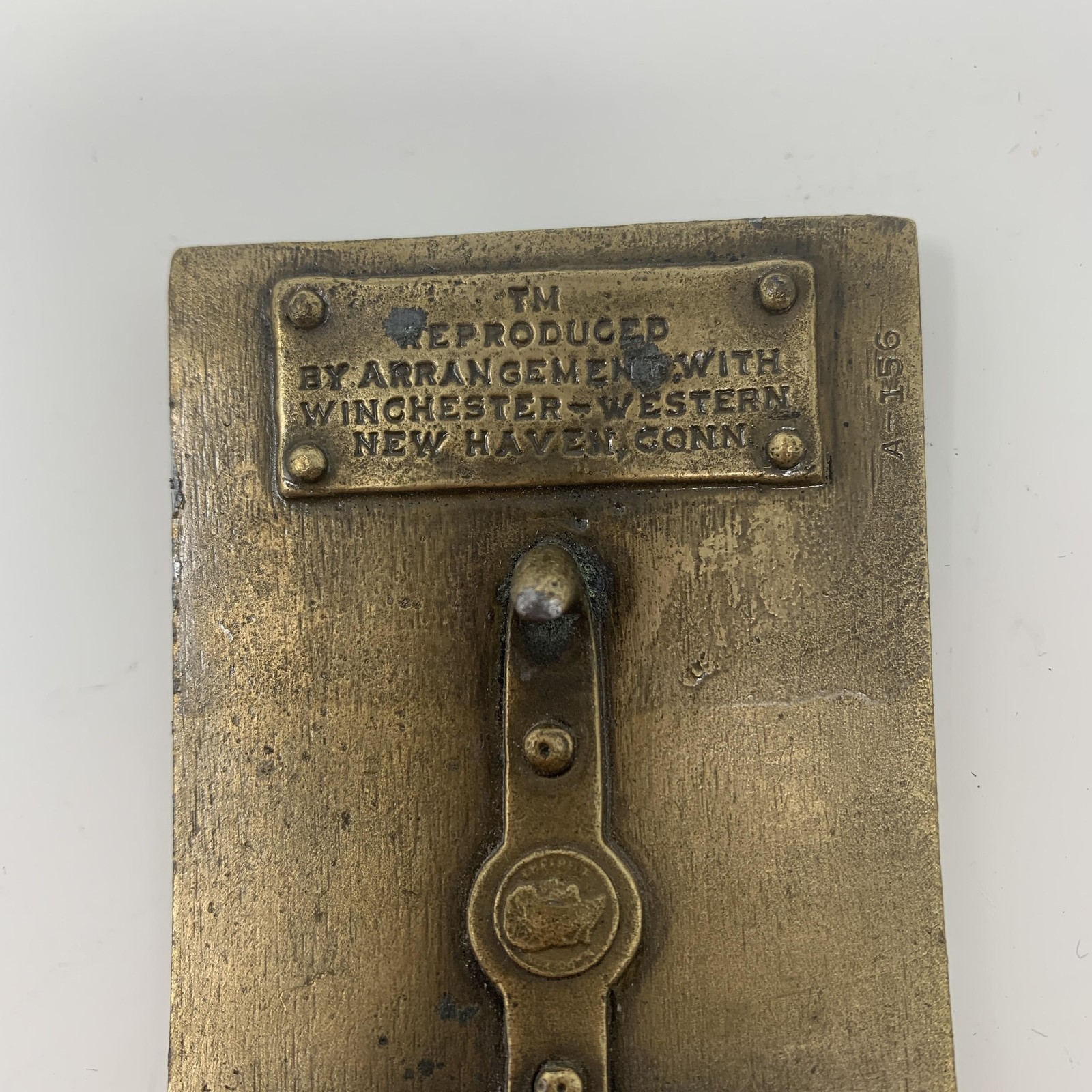 Vintage Winchester Repeating Arms Brass Belt Buckle Rifle New Haven CT Western