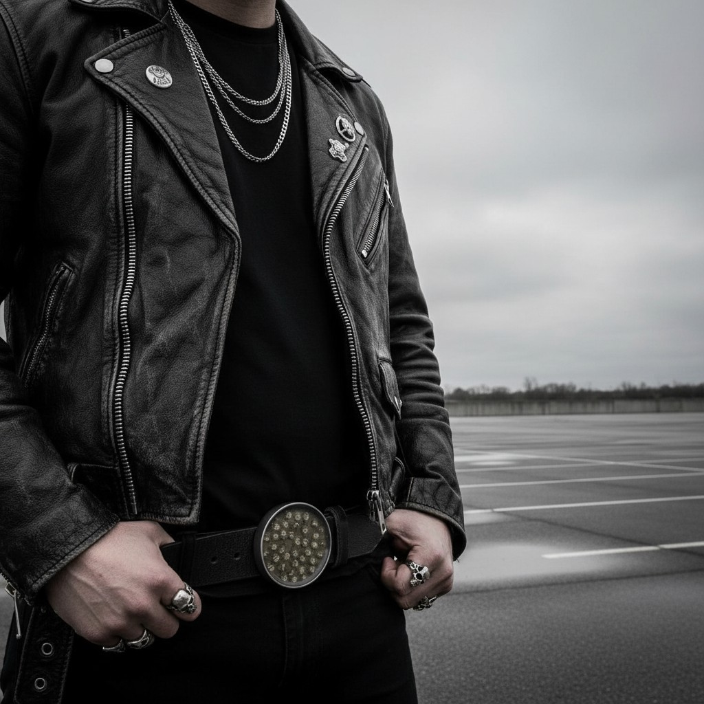 Men Belt Buckle Round 3&Prime; Heavy Metal Dome Skulls Silver Brown Biker Accessory