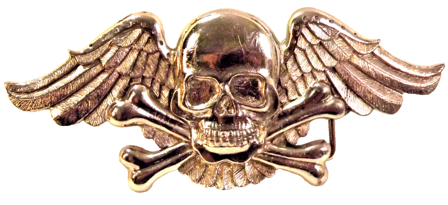 Skull Heavy Metal Belt Buckle Cross Bones w Wings Silver Tattoo Size 6&Prime;x 2.5&Prime;