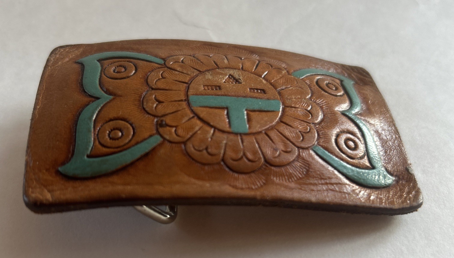 Vintage Hand Tooled Leather Native American Zuni Sun Face Design Belt Buckle