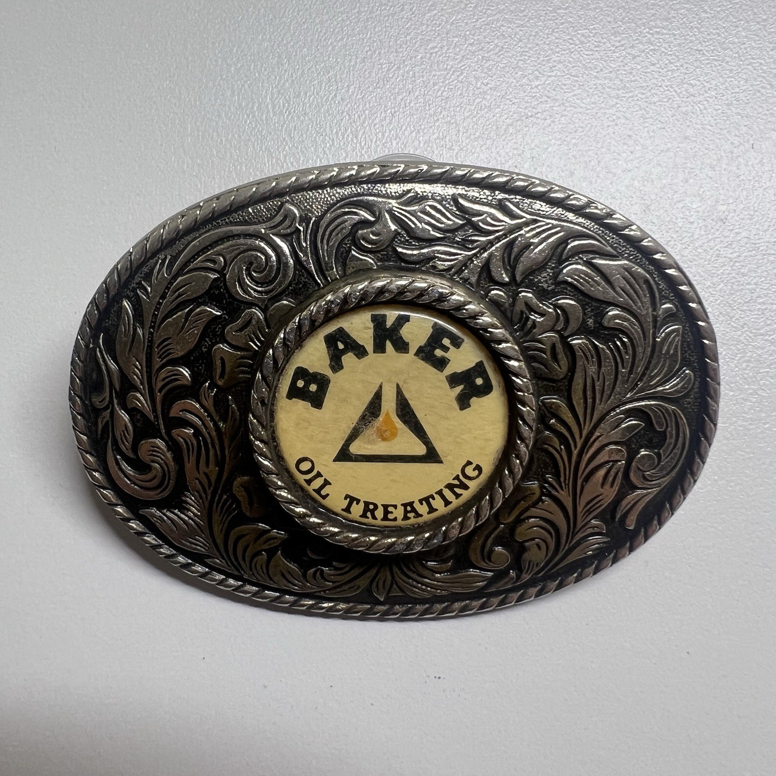 Baker Oil Treating Belt Buckle Vintage Western Floral Oval Silver Tone