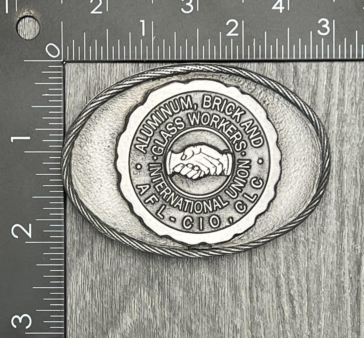 Vintage Aluminum Brick Glass Workers Union Belt Buckle Silver Tone Limited USA